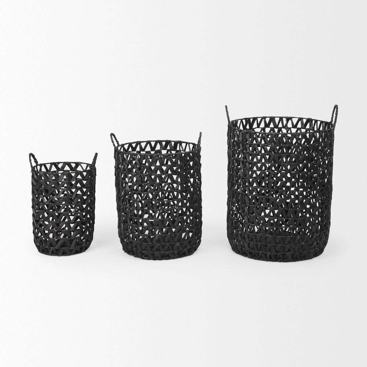 Lola (Set of 3) Black Water Hyacinth Zig Zag Weave Round Basket W/ Handles-Decorative Baskets-DECOROLALA