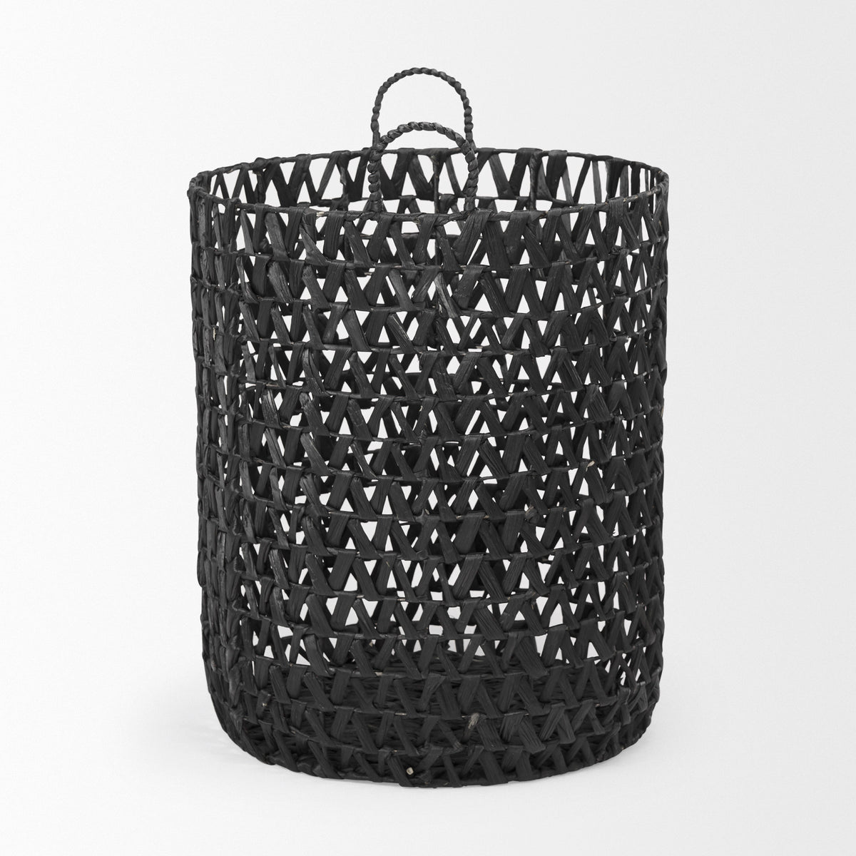 Lola (Set of 3) Black Water Hyacinth Zig Zag Weave Round Basket W/ Handles-Decorative Baskets-DECOROLALA