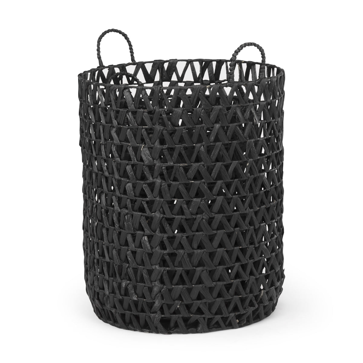 Lola (Set of 3) Black Water Hyacinth Zig Zag Weave Round Basket W/ Handles-Decorative Baskets-DECOROLALA