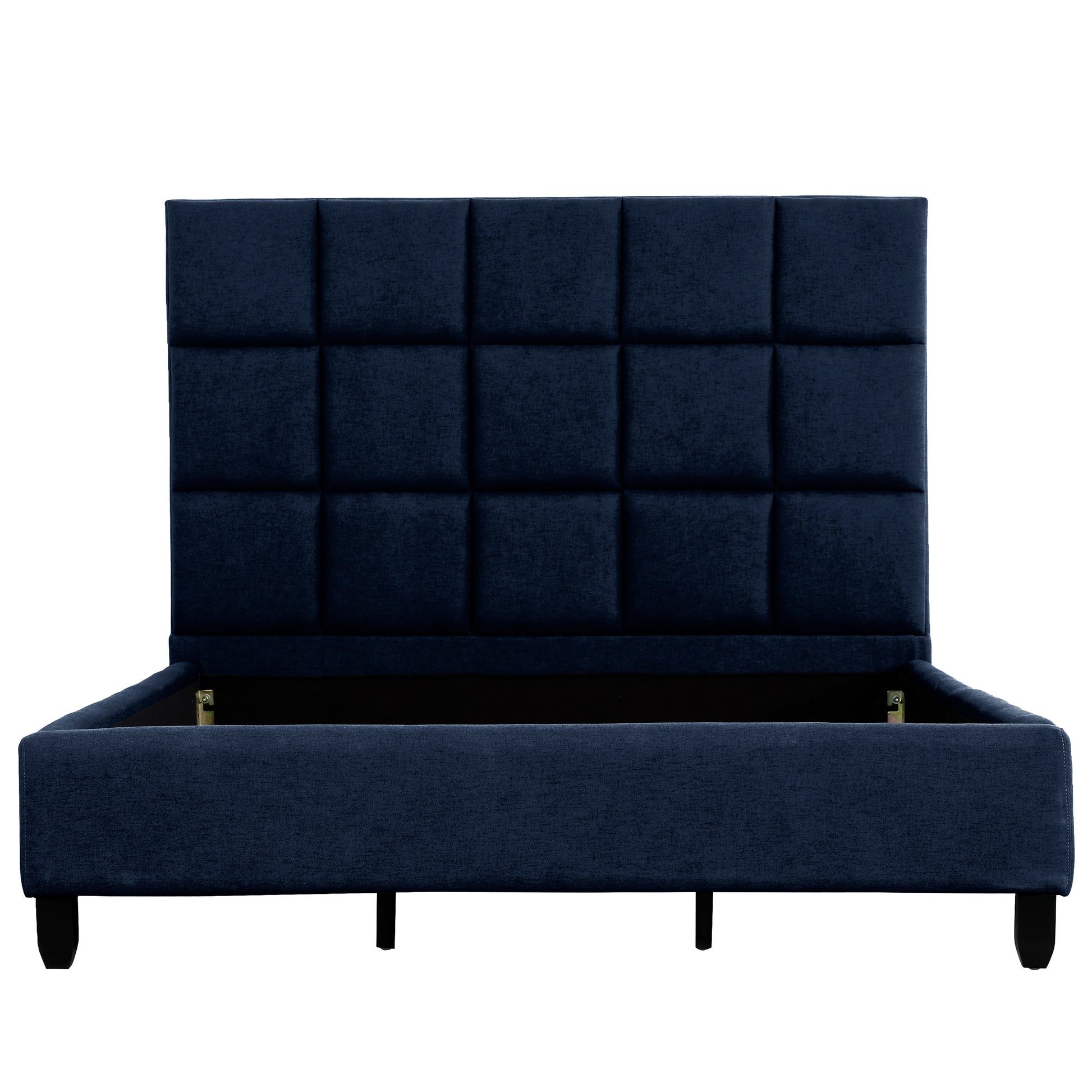 London Dark Blue Upholstered Platform Bed with Tufted Headboard, King-Bedroom-DECOROLALA