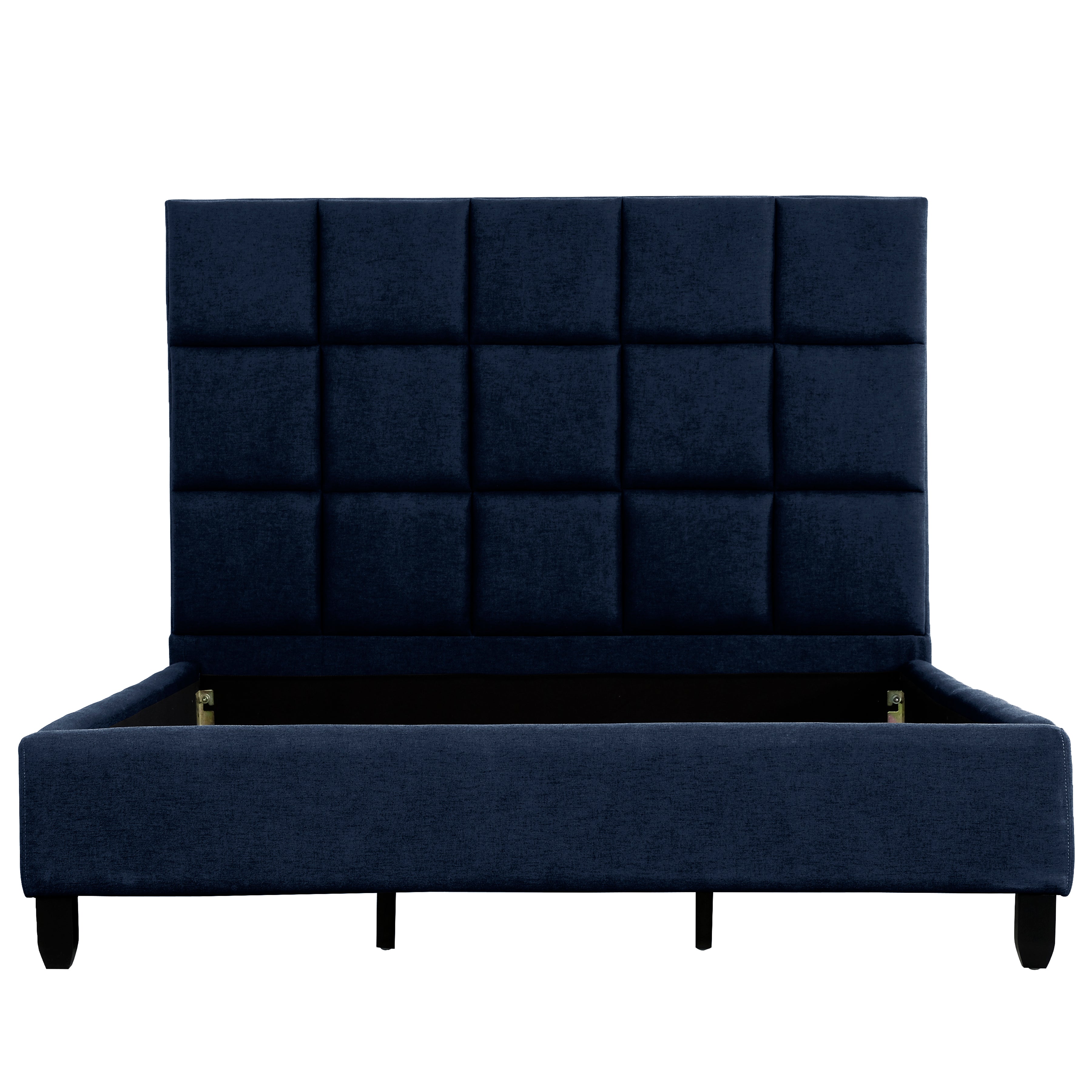London Dark Blue Upholstered Platform Bed with Tufted Headboard, King-Bedroom-DECOROLALA