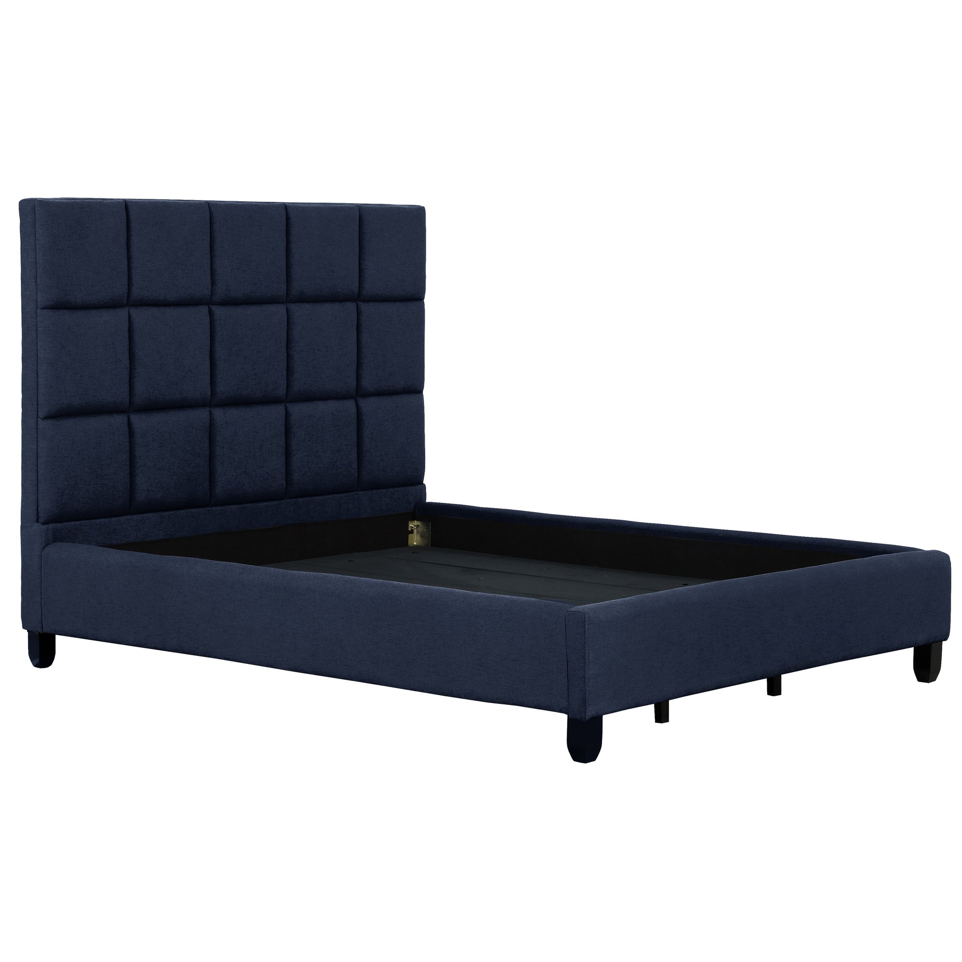 London Dark Blue Upholstered Platform Bed with Tufted Headboard, King-Bedroom-DECOROLALA