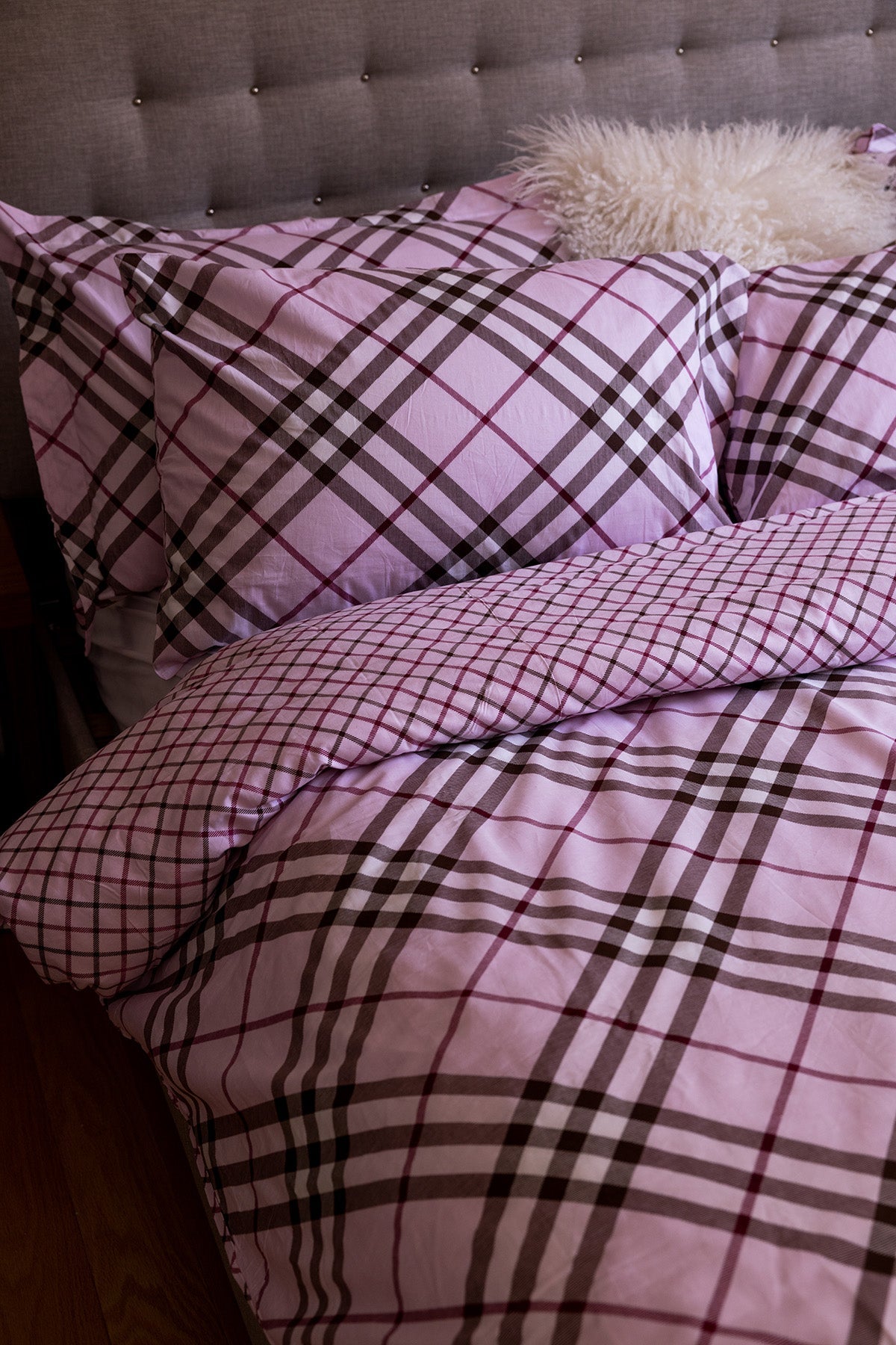 London Queen Size Printed Plaid Reversible Cotton 6 pc Duvet Cover Set-Bedding-DECOROLALA