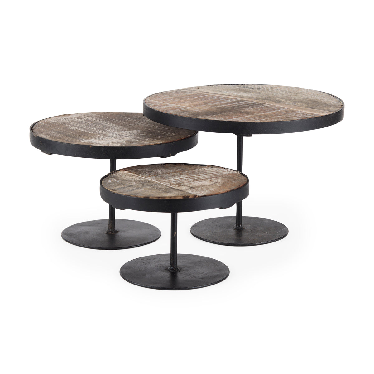 Lorenz (Set of 3) Light Brown Wood W/ Black Metal Base Round Decorative Display Stands-Trays-DECOROLALA