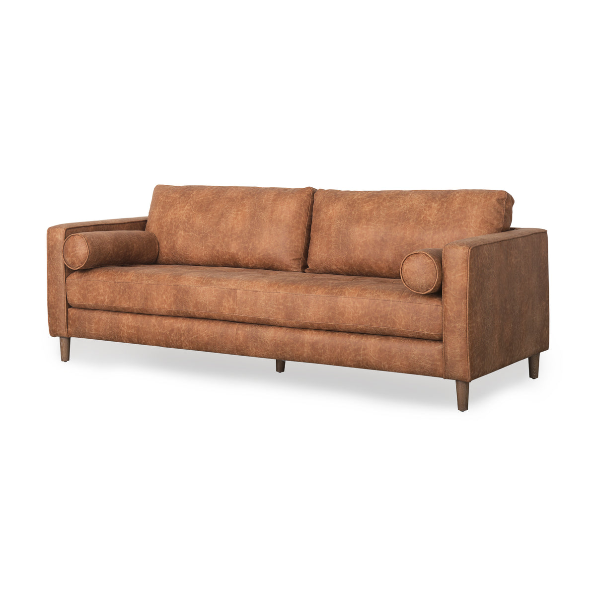 Loretta 88.0L x 36.2W x 33.9H Cognac Brown Faux Leather Three Seater Sofa with Two Bolster Cushions-Sofa & Sectionals-DECOROLALA