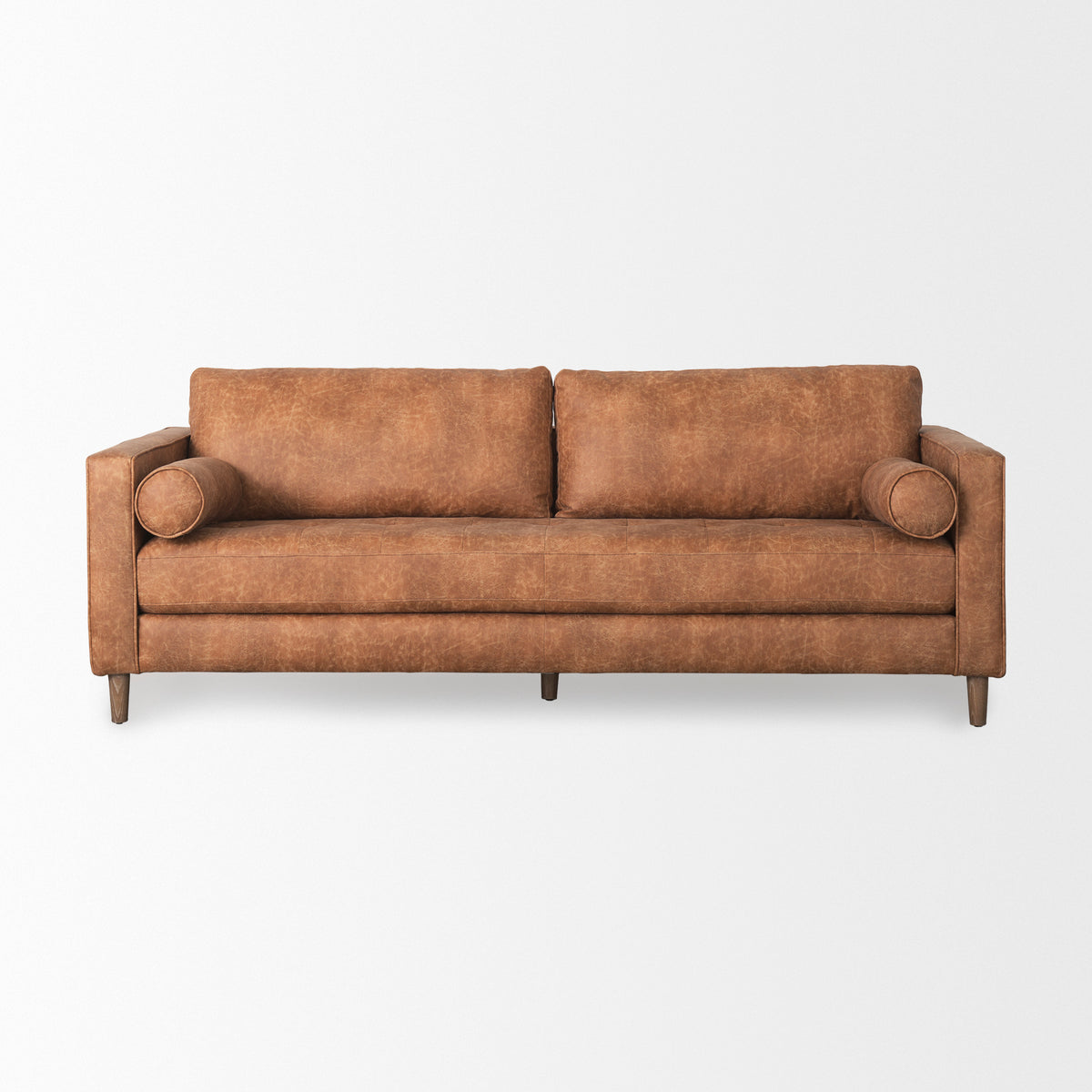Loretta 88.0L x 36.2W x 33.9H Cognac Brown Faux Leather Three Seater Sofa with Two Bolster Cushions-Sofa & Sectionals-DECOROLALA