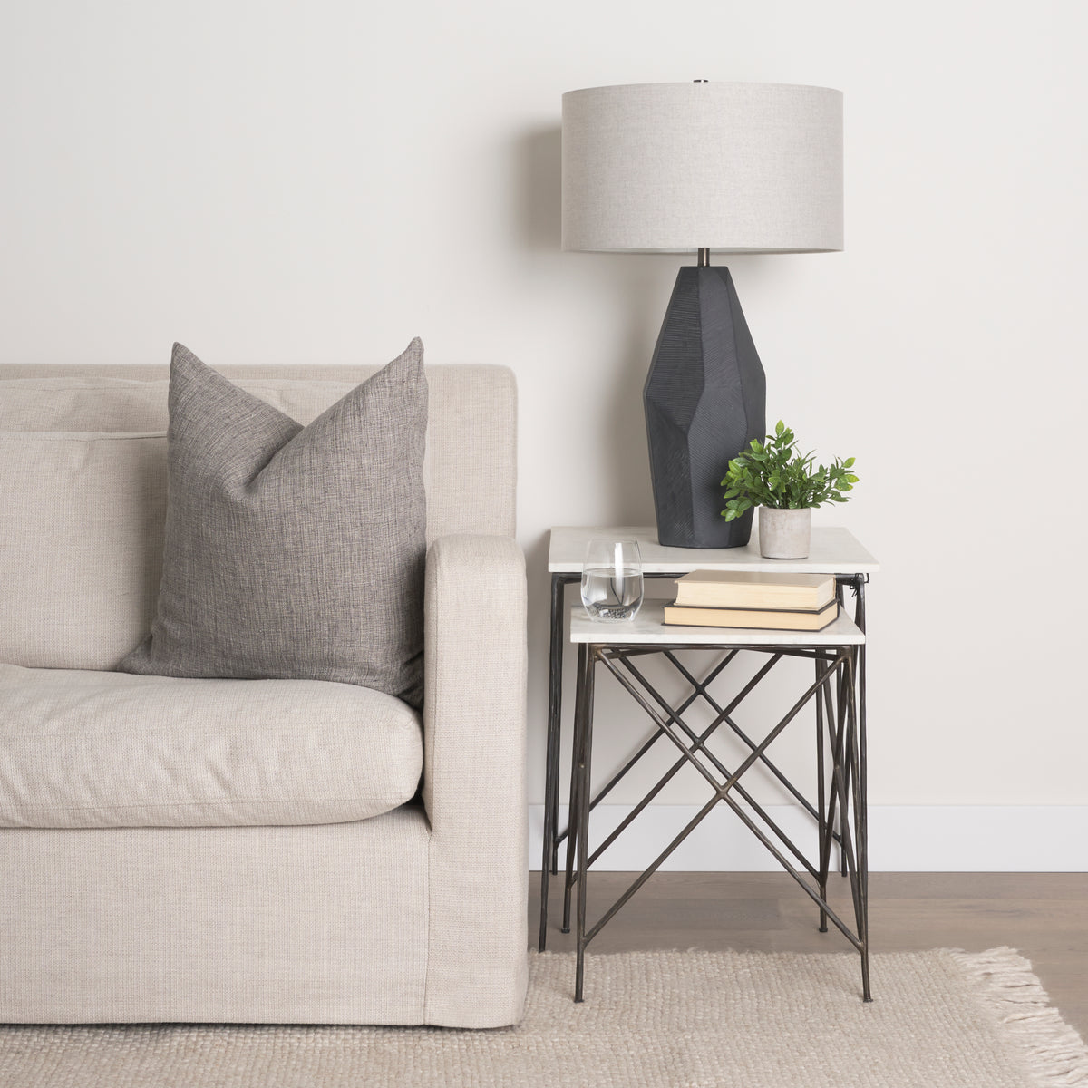 Lorlei 20.0L x 20.0W x 23.8H White Marble Top W/ Gray Iron Legs End and Side Table-End and Side Tables-DECOROLALA