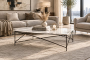 Lorlei I 53.0 X 35.0 X 15.5 White Marble Top W/ X-Shaped Gray Iron Base Coffee Table-Coffee Tables-DECOROLALA