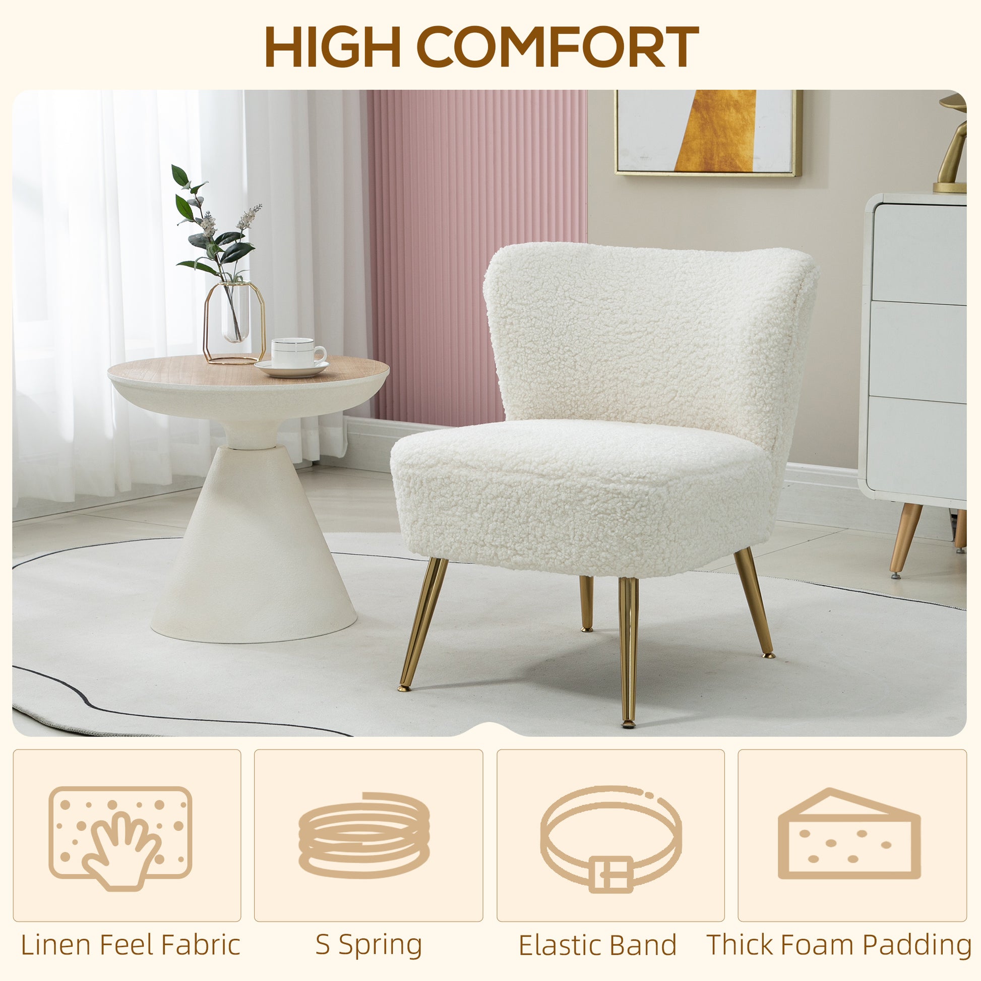 Lounge Chair - Gold Legs, White Upholstery, Bedroom/Living Room - 57x70x69cm-DECOROLALA
