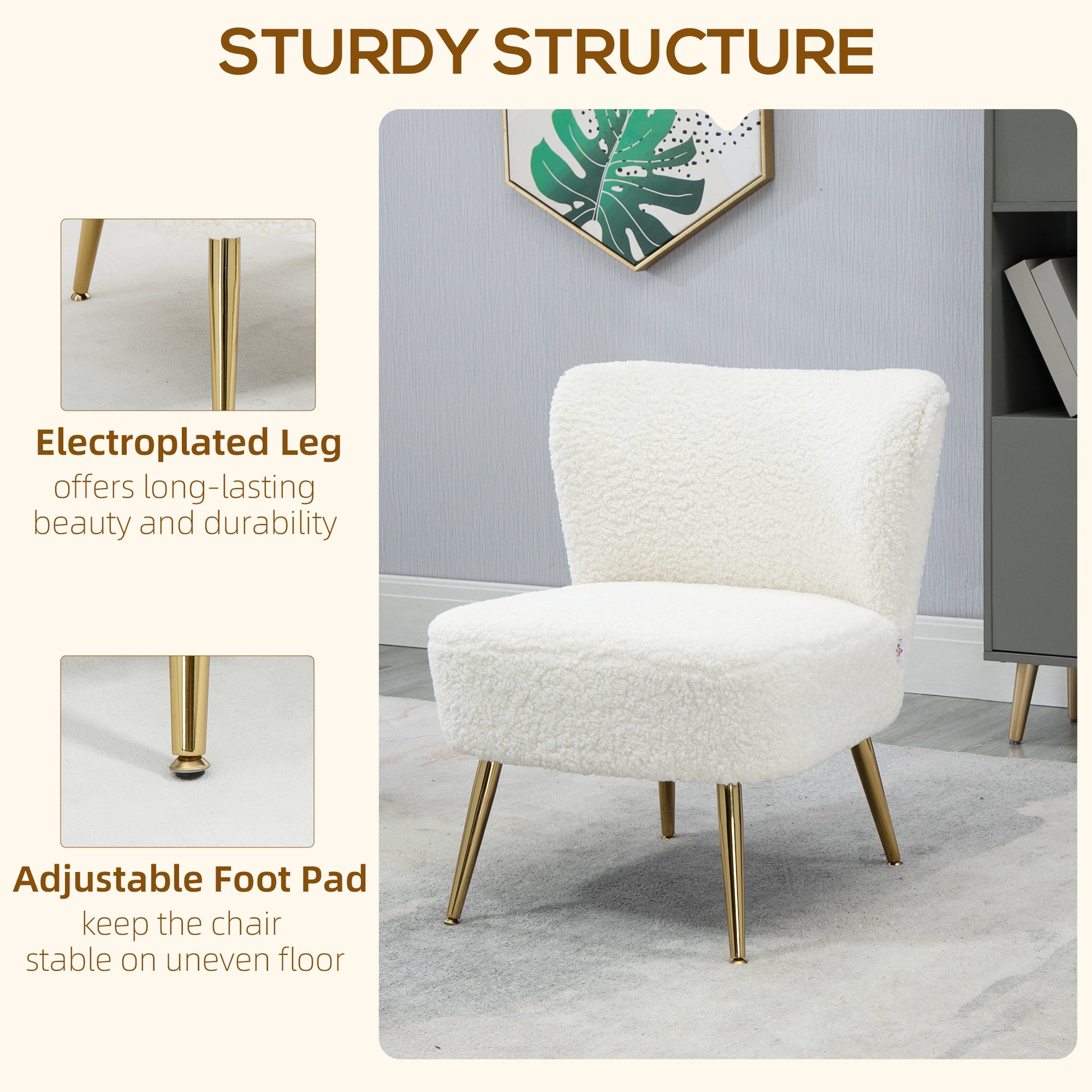 Lounge Chair - Gold Legs, White Upholstery, Bedroom/Living Room - 57x70x69cm-DECOROLALA