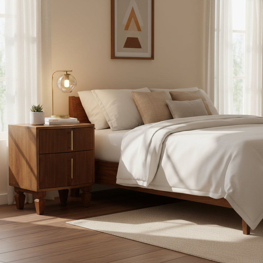Louvre Bedside Unit - Winewood Oak Mid-Century 2-Drawer-Nightstand-DECOROLALA