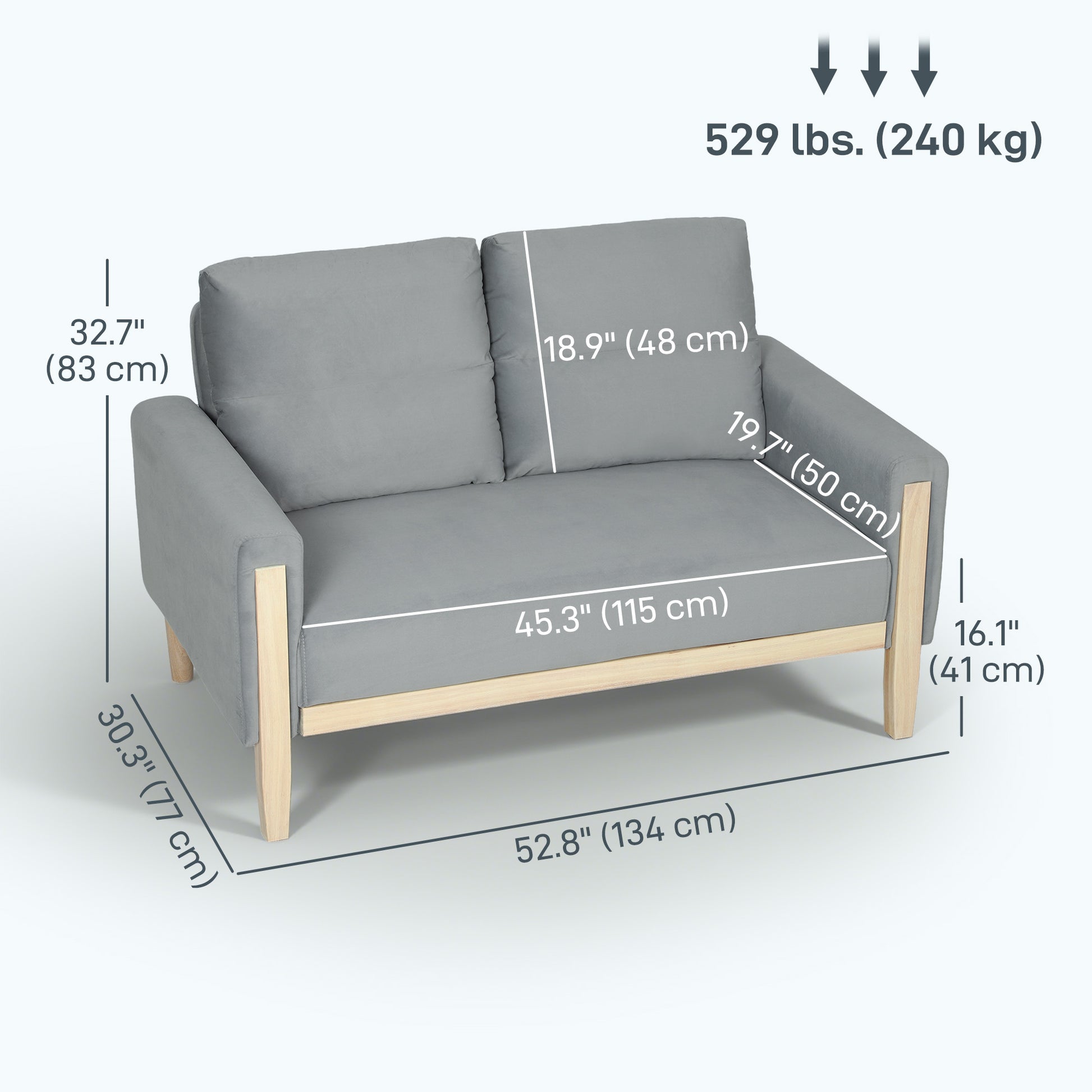 Loveseat Sofa 53" Grey Velvet Modern-DECOROLALA