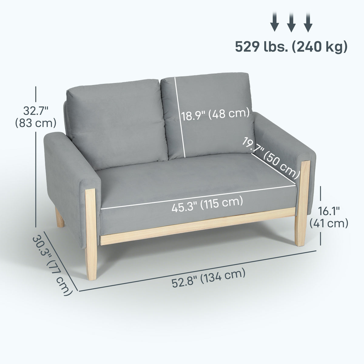 Loveseat Sofa 53" Grey Velvet Modern-Loveseat Sofas-DECOROLALA