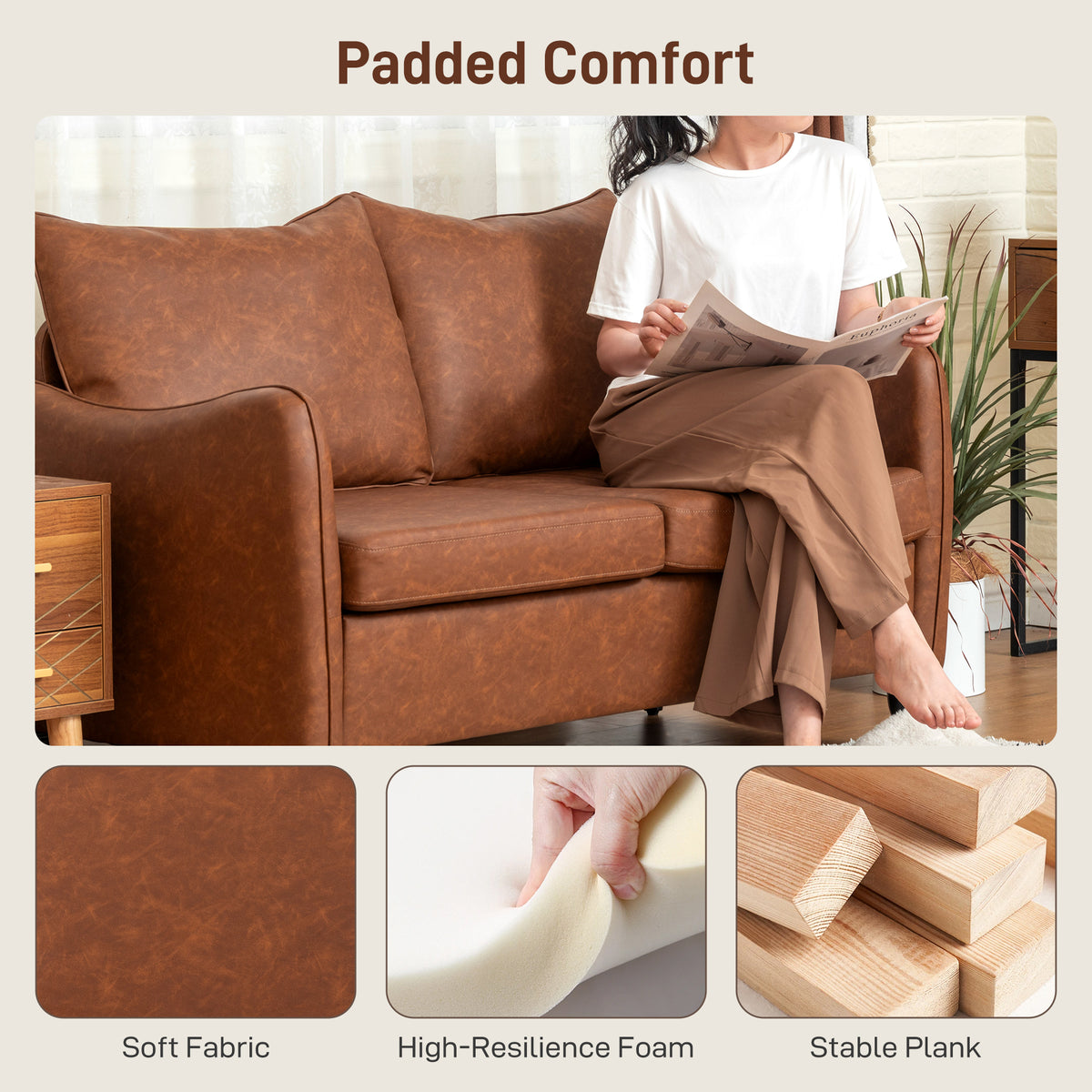 Loveseat Sofa 55" 2 Seater Brown PU Leather-Loveseat Sofas-DECOROLALA