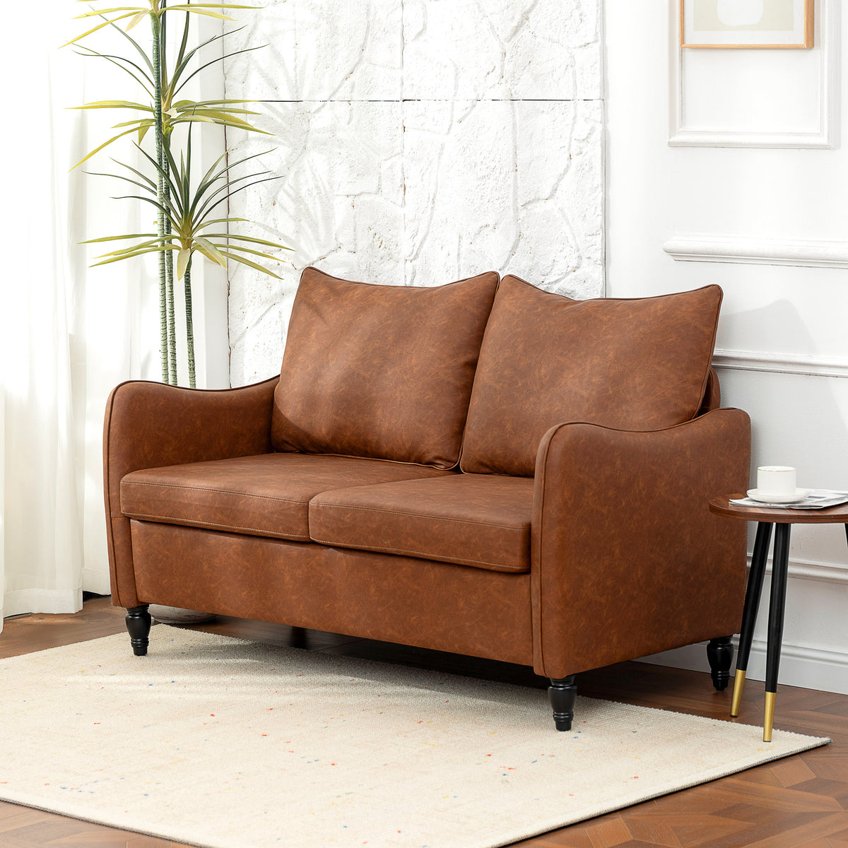 Loveseat Sofa 55" 2 Seater Brown PU Leather-Loveseat Sofas-DECOROLALA