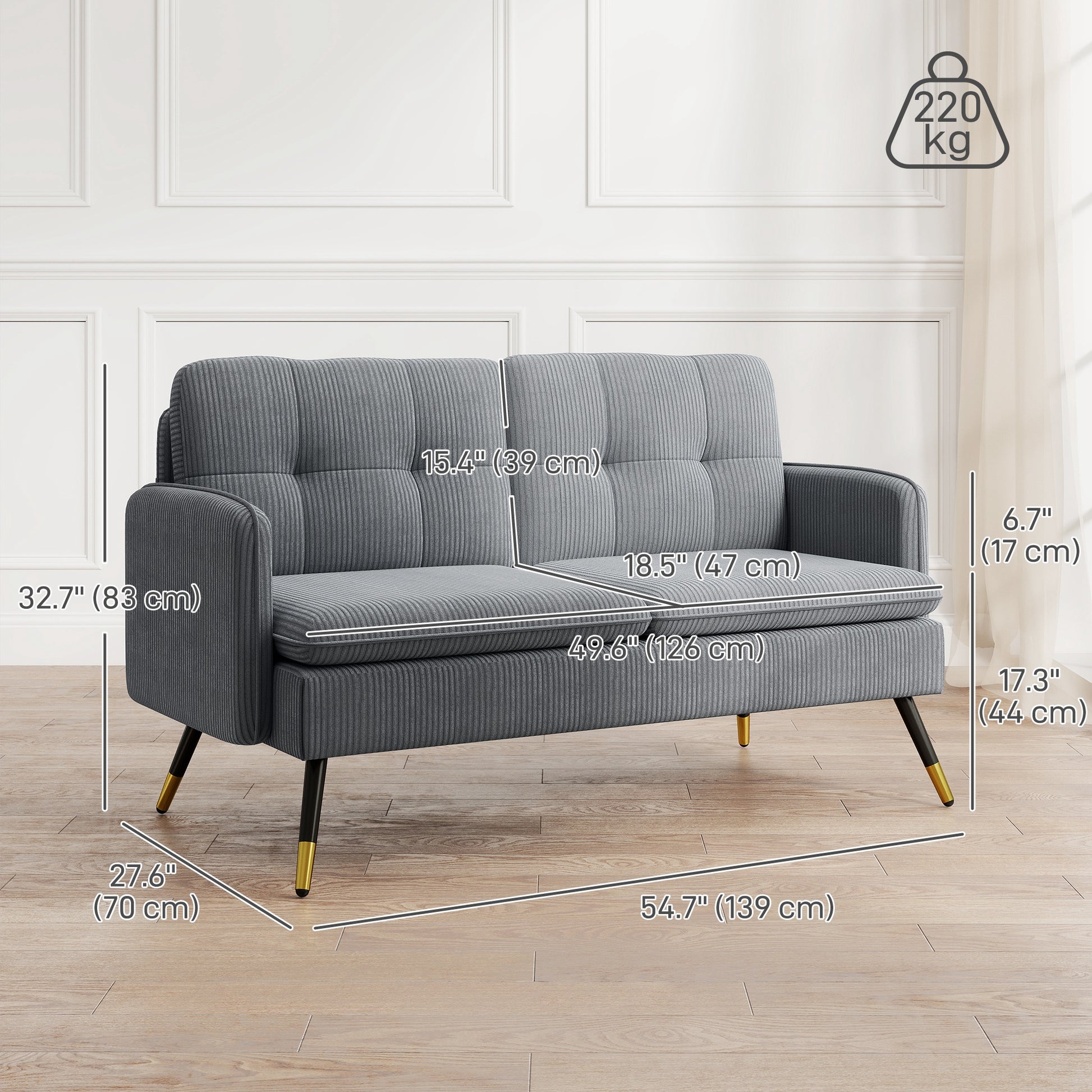 Loveseat Sofa 55" Corduroy - Dark Grey-DECOROLALA