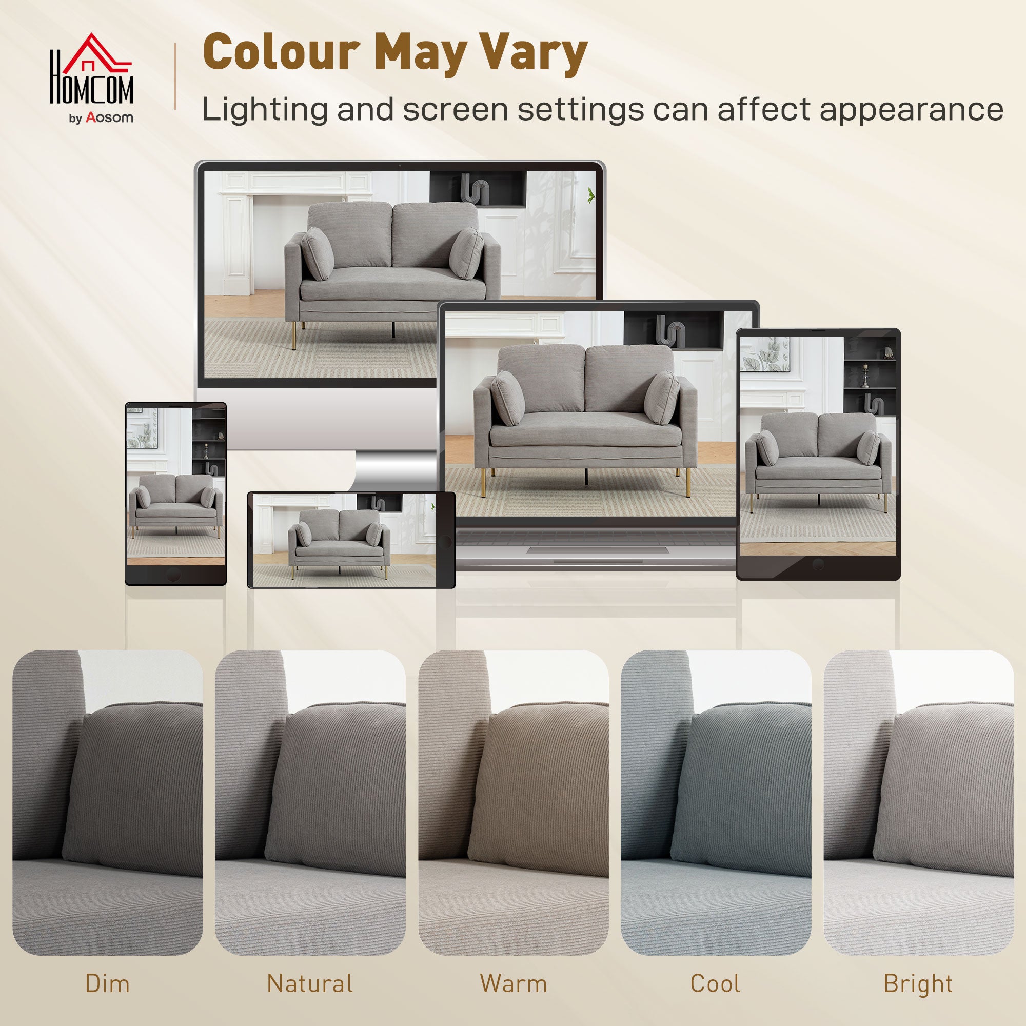 Loveseat Sofa, 55" Cream Corduroy Couch with 2 Pillows, Steel Frame, Gold Legs-DECOROLALA