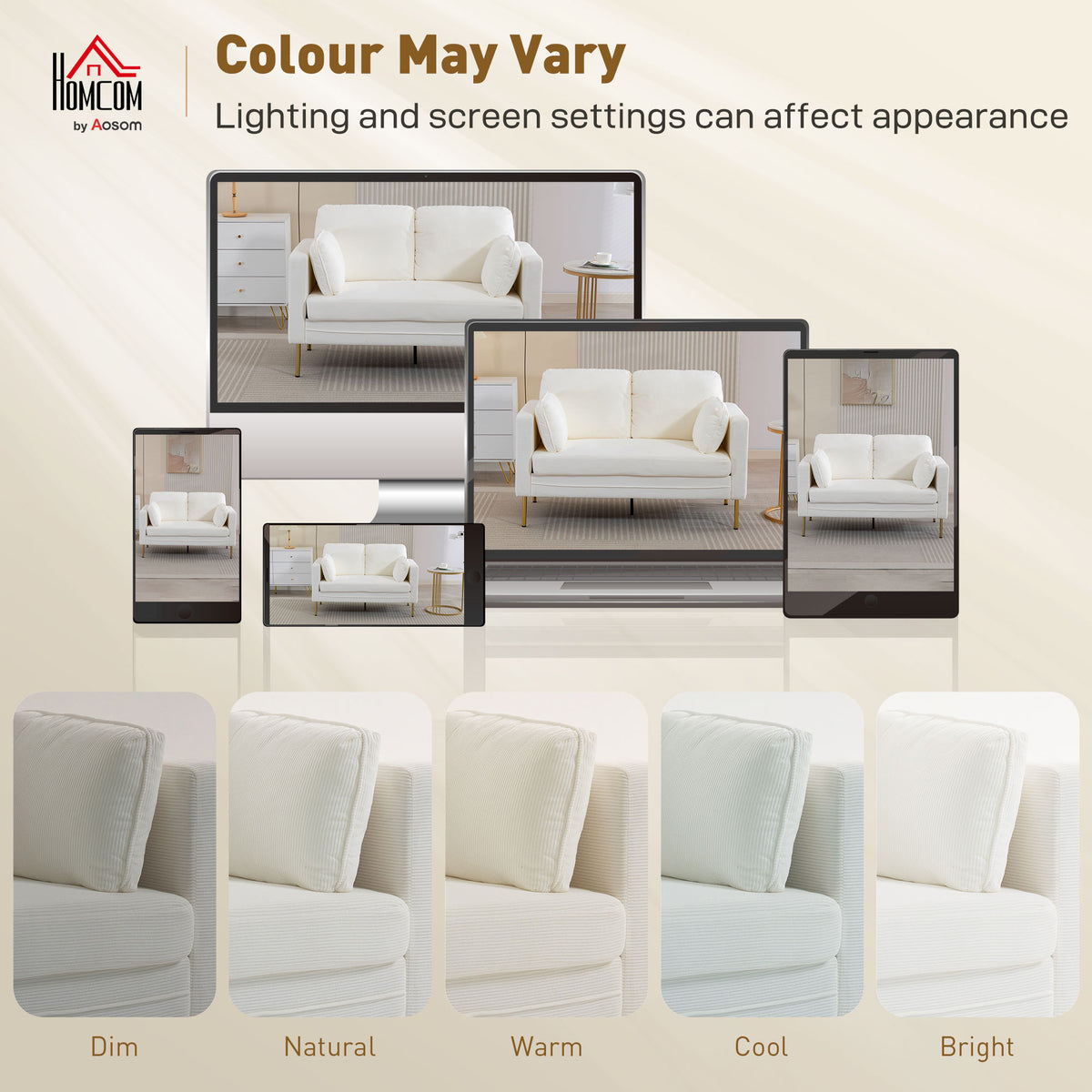 Loveseat Sofa, 55" Cream Corduroy Couch with 2 Pillows, Steel Frame, Gold Legs-DECOROLALA