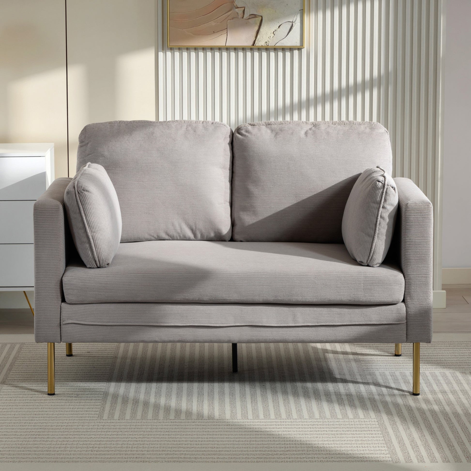 Loveseat Sofa, 55" Cream Corduroy Couch with 2 Pillows, Steel Frame, Gold Legs-DECOROLALA