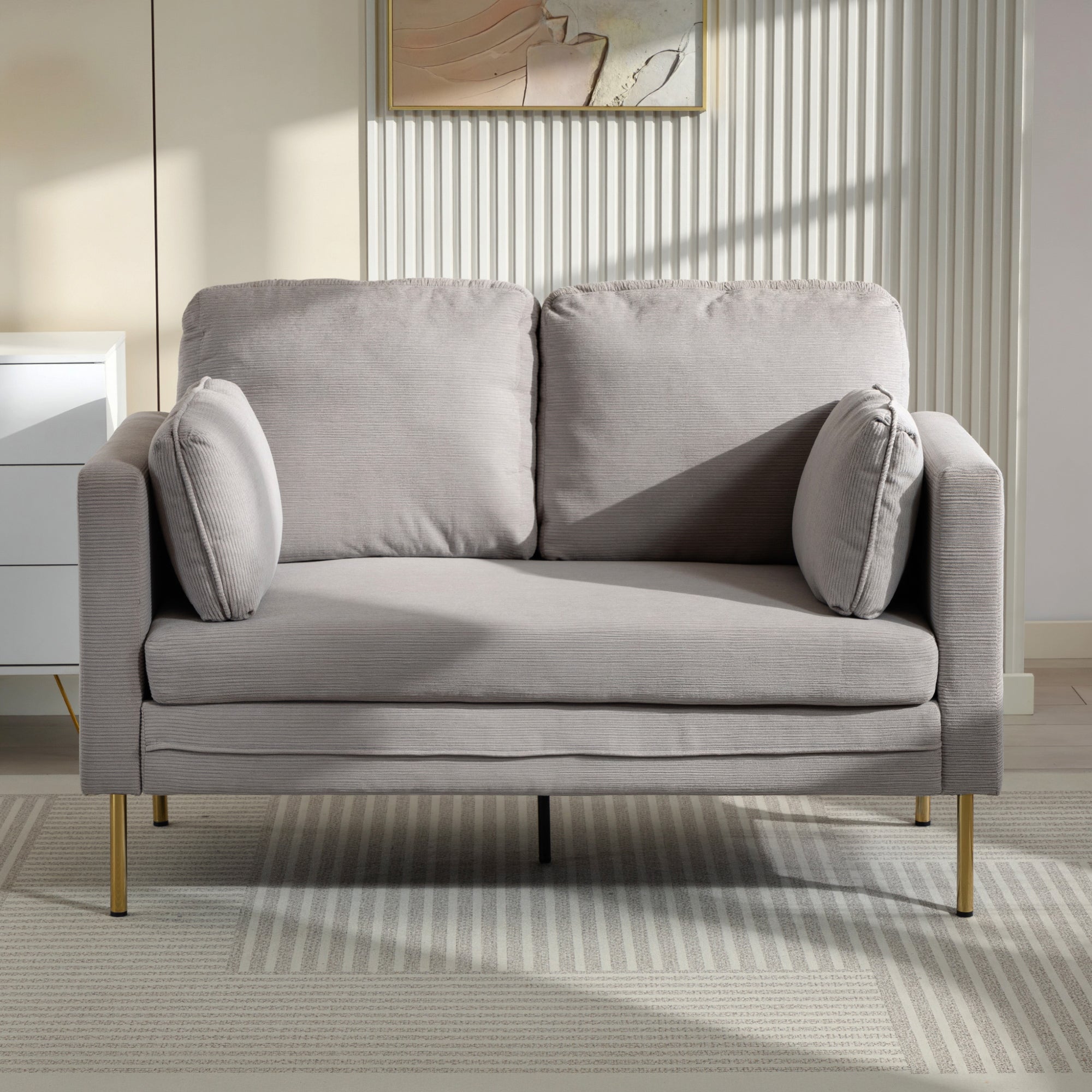 Loveseat Sofa, 55" Cream Corduroy Couch with 2 Pillows, Steel Frame, Gold Legs-DECOROLALA