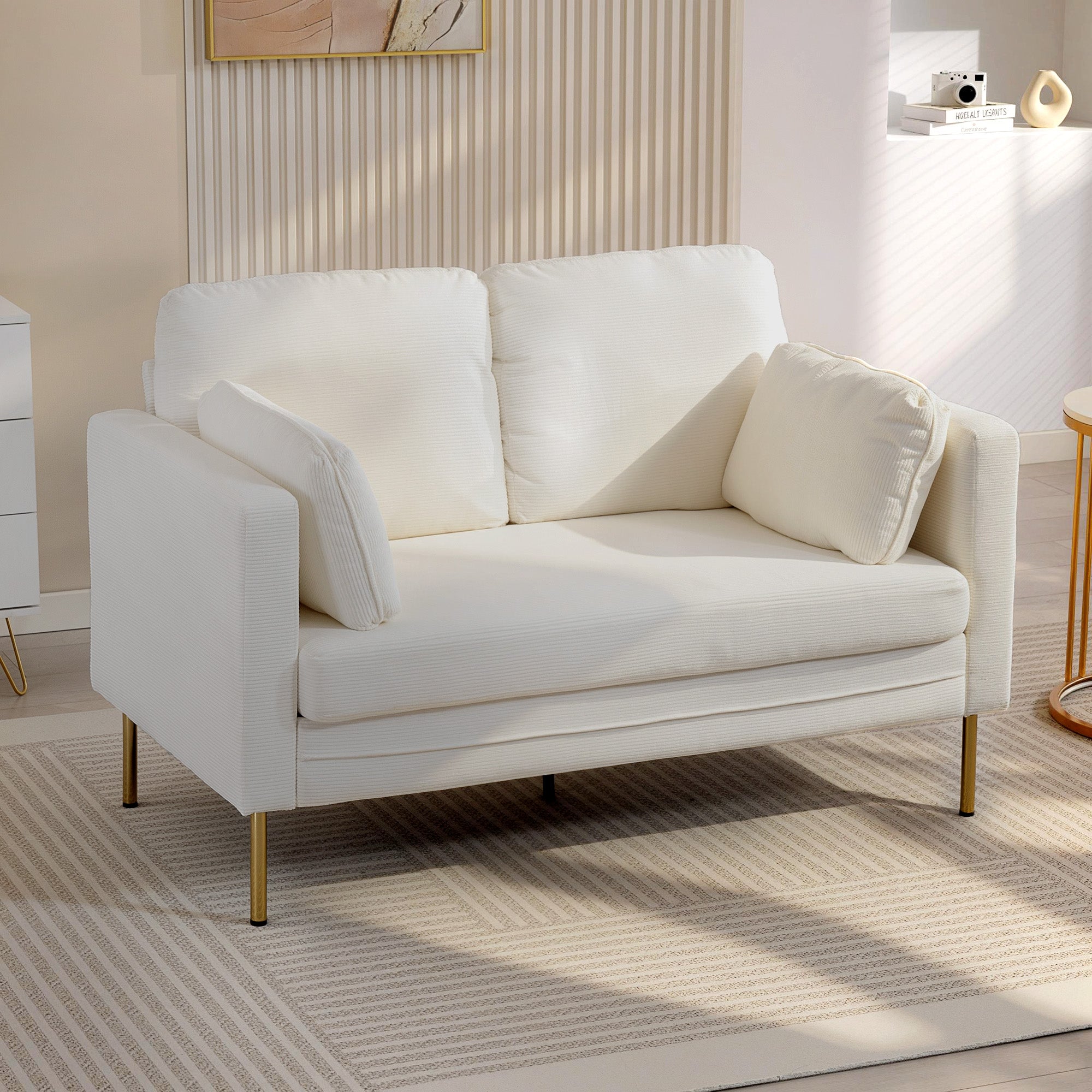 Loveseat Sofa, 55" Cream Corduroy Couch with 2 Pillows, Steel Frame, Gold Legs-DECOROLALA