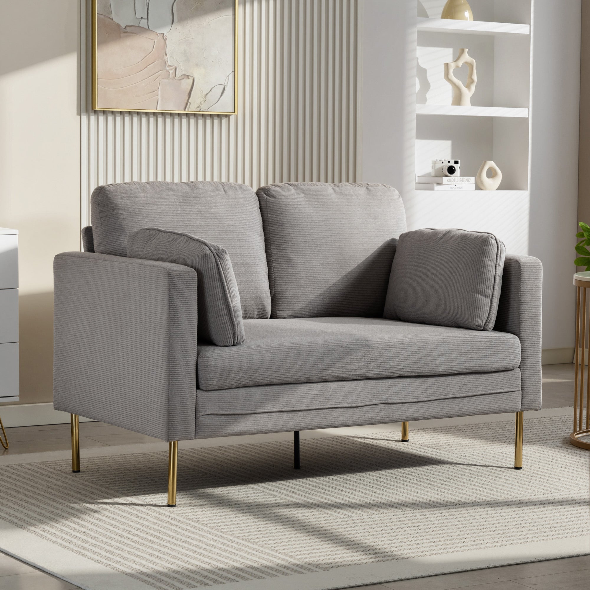 Loveseat Sofa, 55" Cream Corduroy Couch with 2 Pillows, Steel Frame, Gold Legs-DECOROLALA