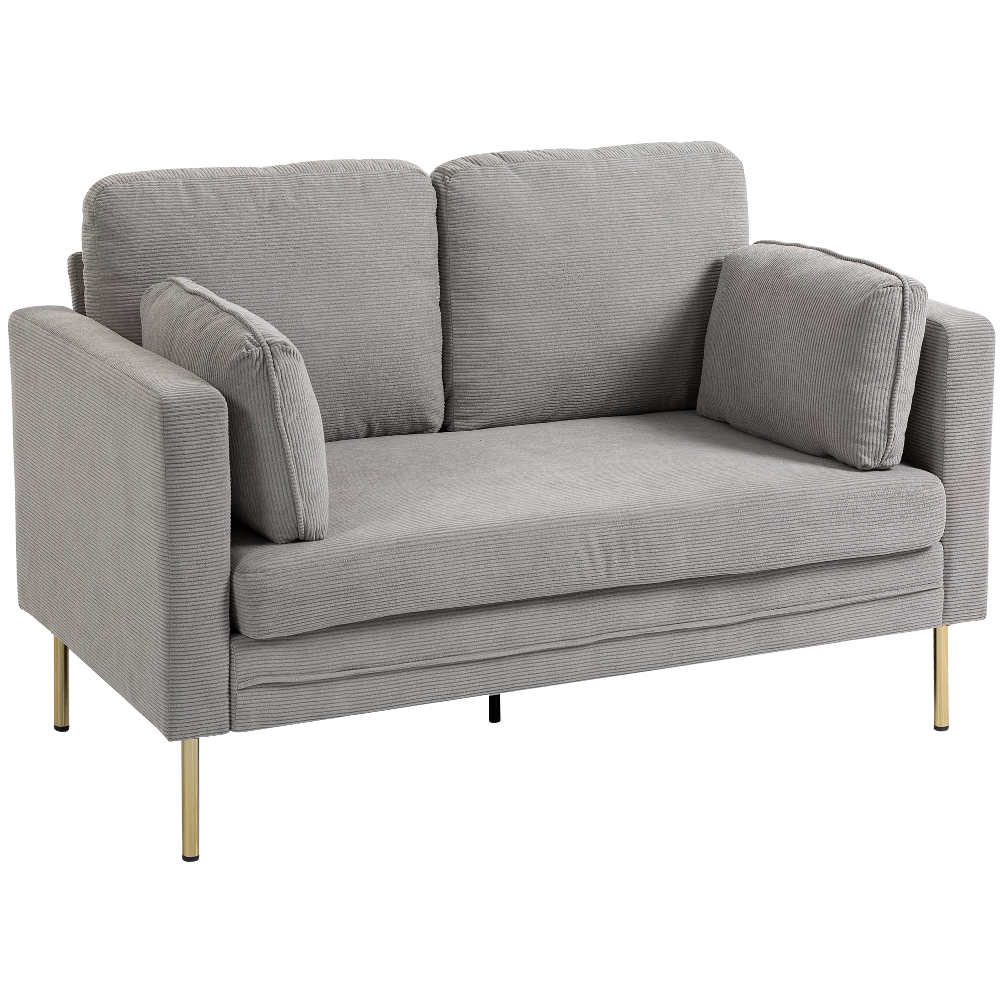 Loveseat Sofa, 55" Cream Corduroy Couch with 2 Pillows, Steel Frame, Gold Legs-DECOROLALA