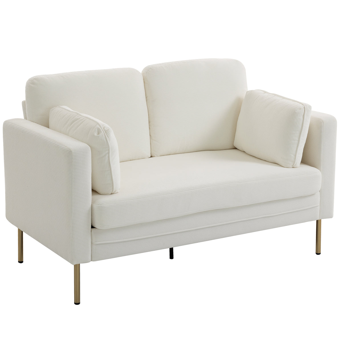 Loveseat Sofa, 55" Cream Corduroy Couch with 2 Pillows, Steel Frame, Gold Legs-DECOROLALA