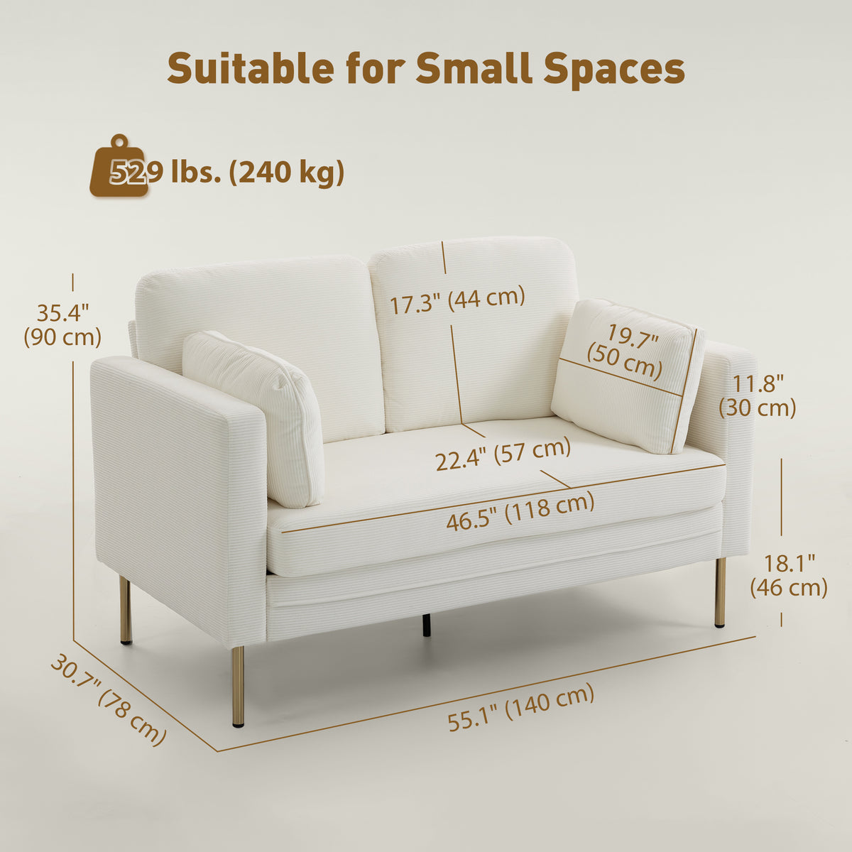 Loveseat Sofa, 55" Cream Corduroy Couch with 2 Pillows, Steel Frame, Gold Legs-DECOROLALA