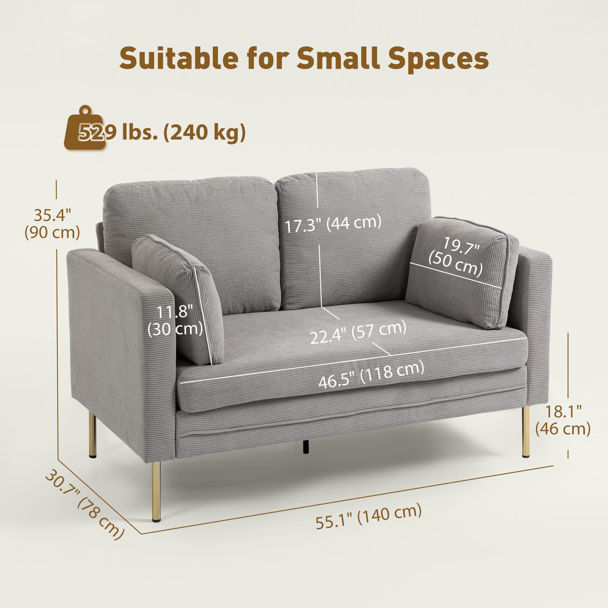 Loveseat Sofa, 55" Cream Corduroy Couch with 2 Pillows, Steel Frame, Gold Legs-DECOROLALA