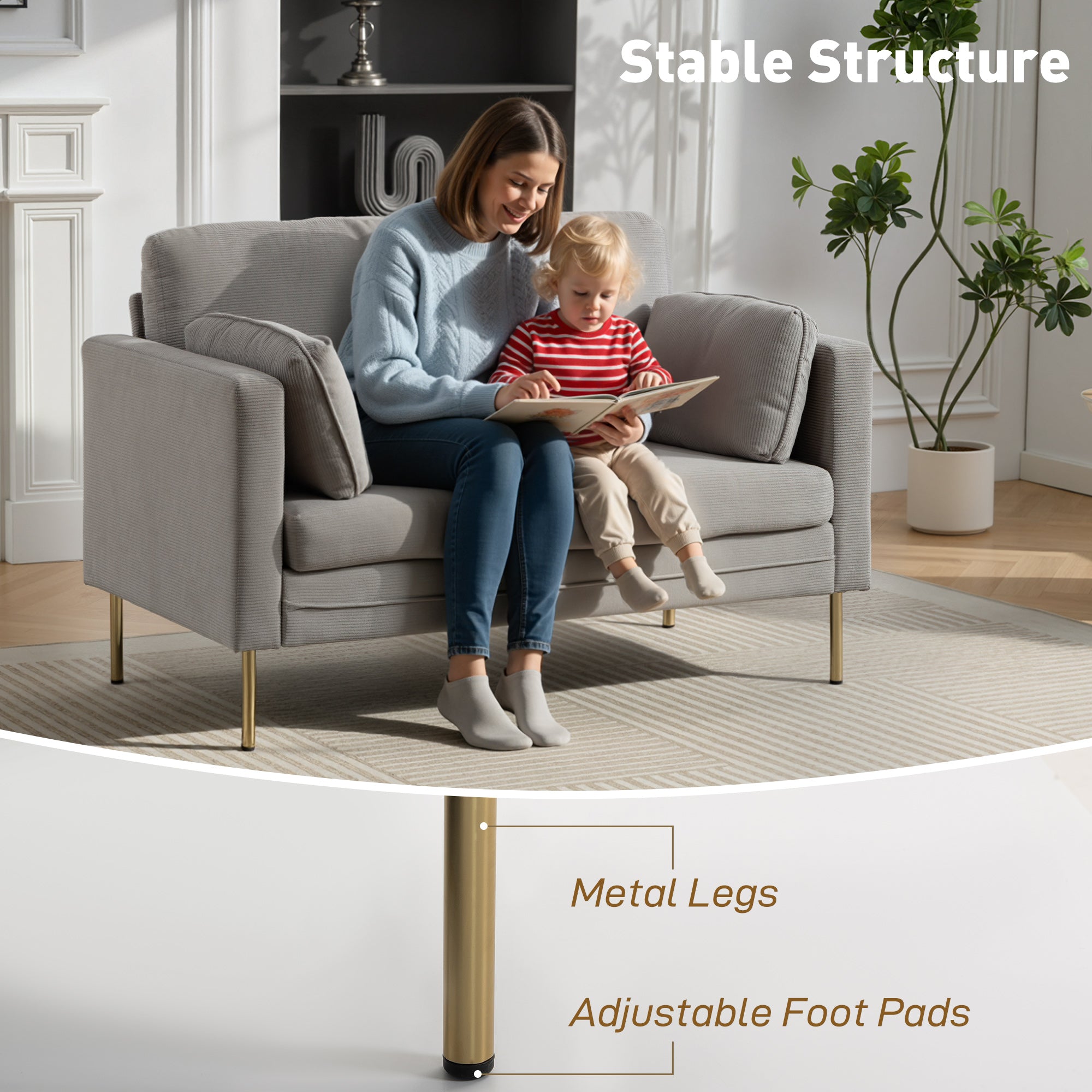 Loveseat Sofa, 55" Cream Corduroy Couch with 2 Pillows, Steel Frame, Gold Legs-DECOROLALA