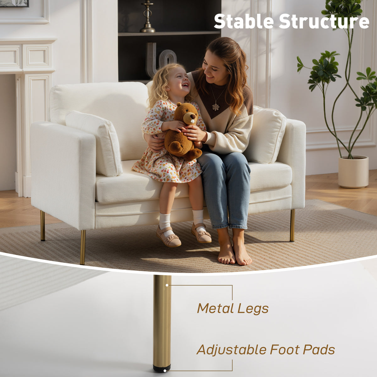 Loveseat Sofa, 55" Cream Corduroy Couch with 2 Pillows, Steel Frame, Gold Legs-DECOROLALA