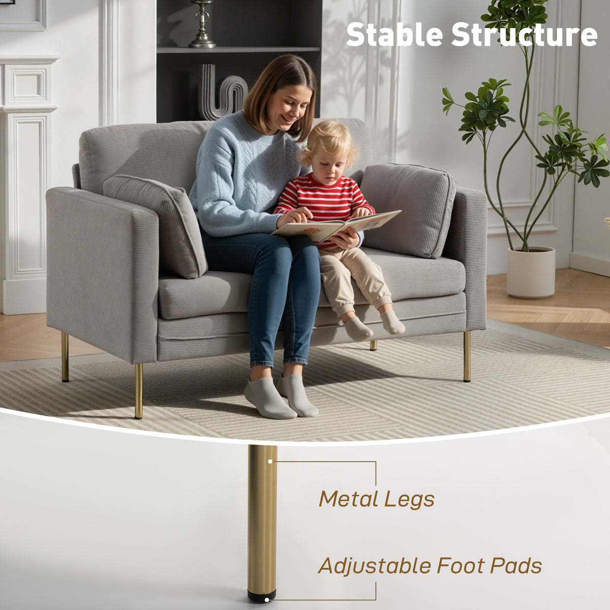 Loveseat Sofa, 55" Cream Corduroy Couch with 2 Pillows, Steel Frame, Gold Legs-DECOROLALA