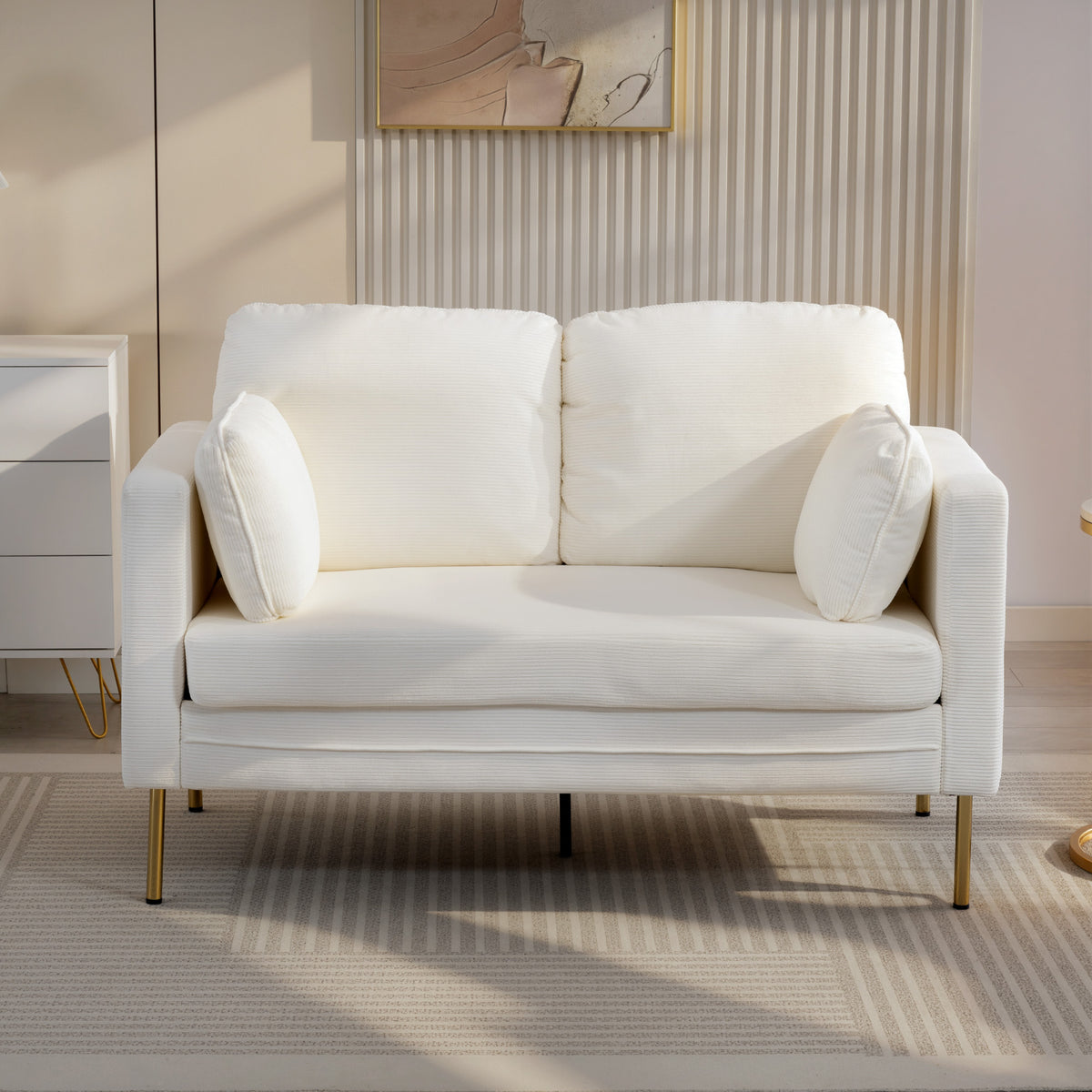 Loveseat Sofa, 55" Cream Corduroy Couch with 2 Pillows, Steel Frame, Gold Legs-DECOROLALA