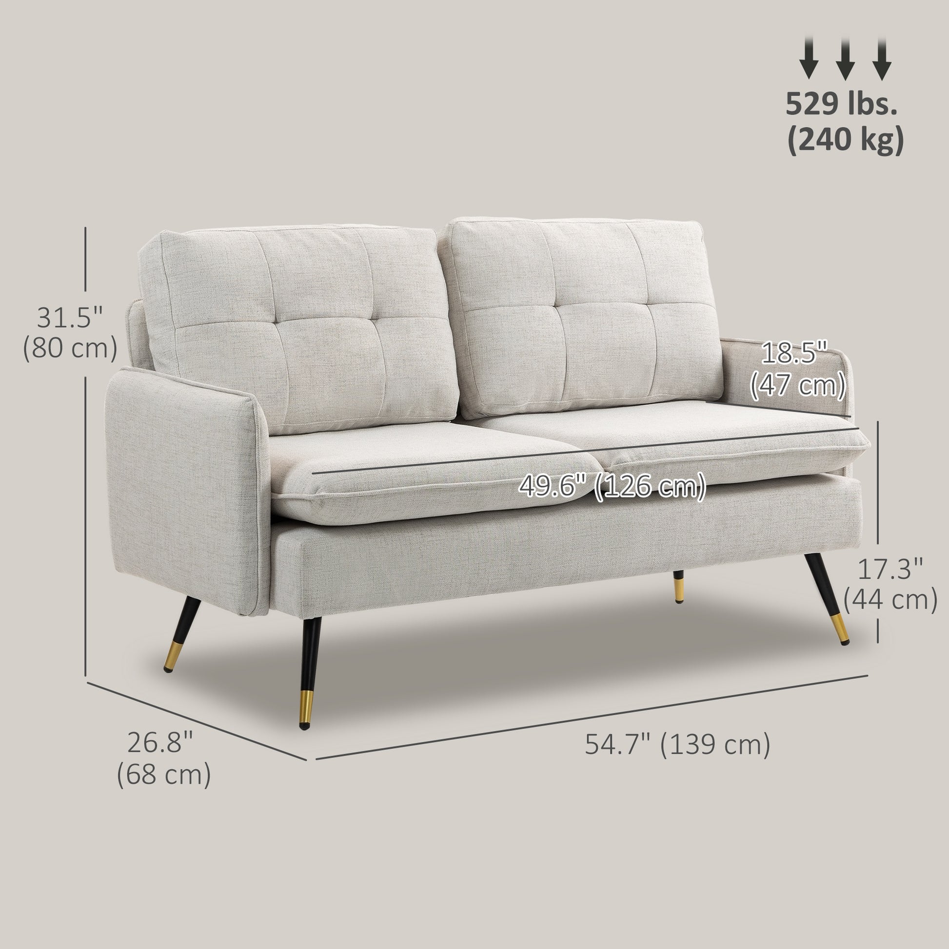 Loveseat Sofa 55" Linen Button Tufted Cream-DECOROLALA