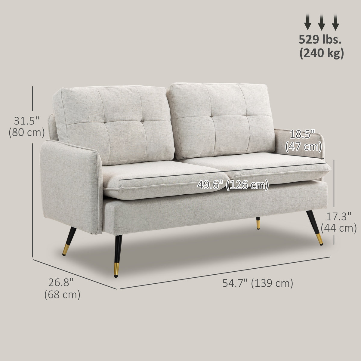 Loveseat Sofa 55" Linen Button Tufted Cream-DECOROLALA