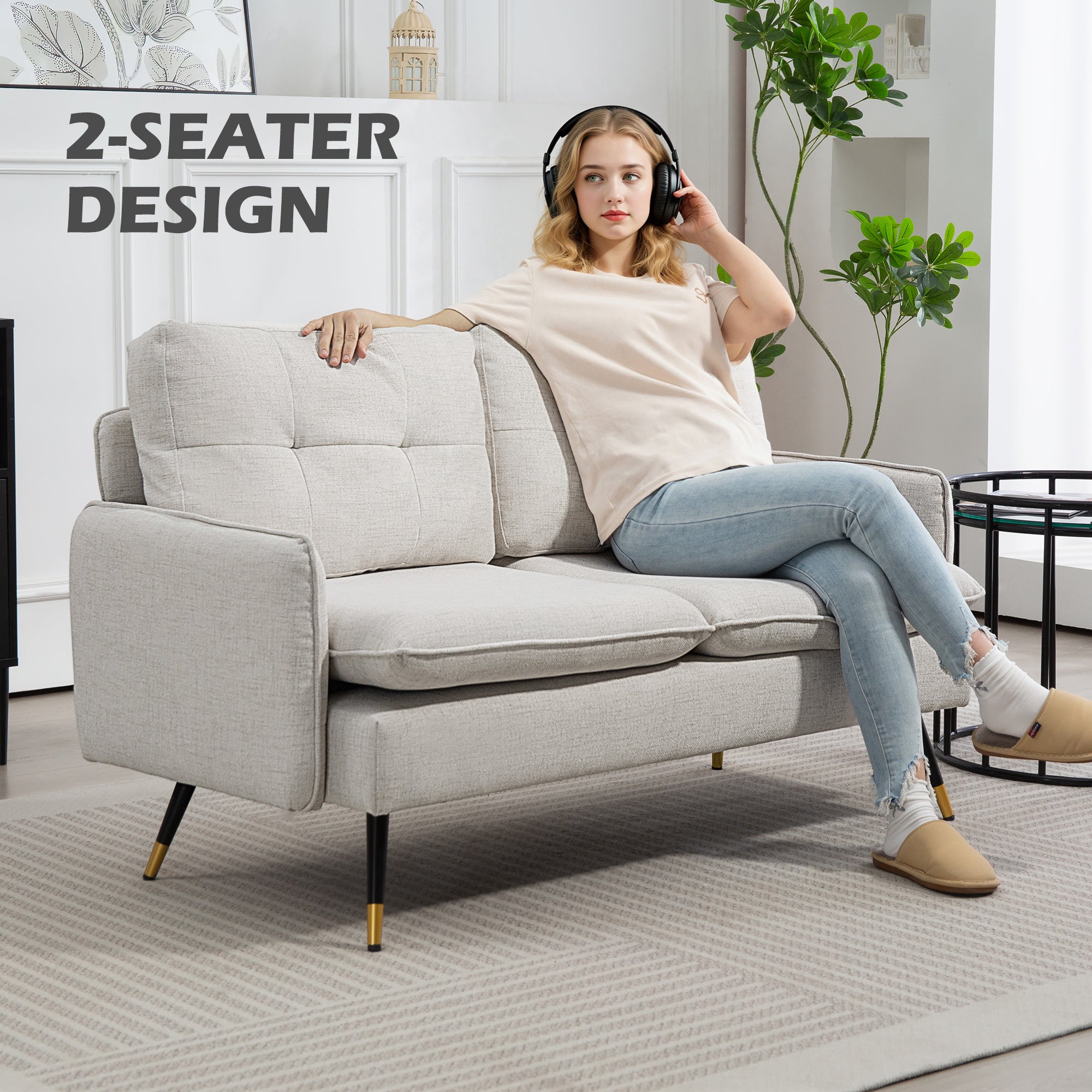Loveseat Sofa 55" Linen Button Tufted Cream-DECOROLALA