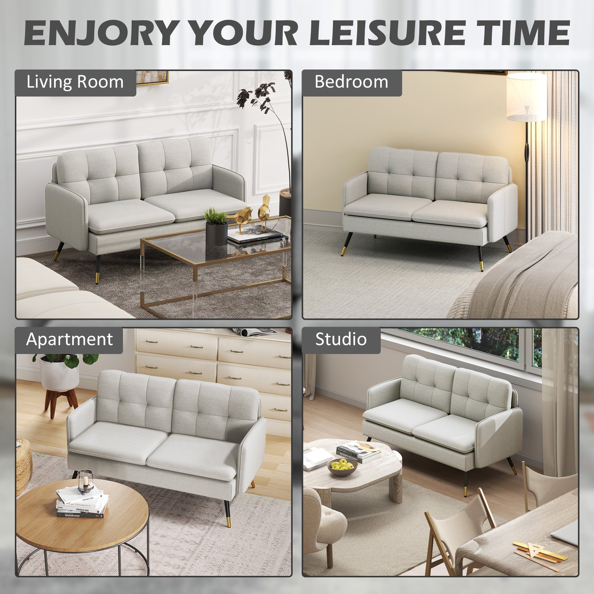 Loveseat Sofa 55" Linen Button Tufted Cream-DECOROLALA