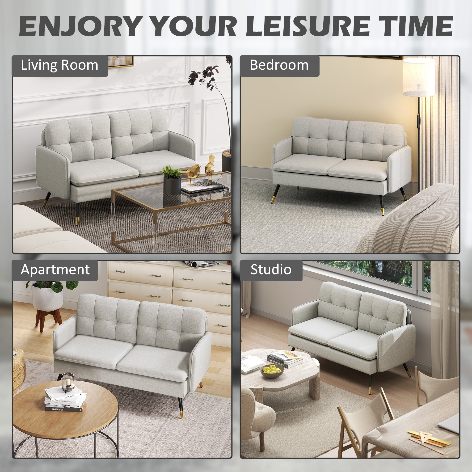 Loveseat Sofa 55" Linen Button Tufted Cream-DECOROLALA