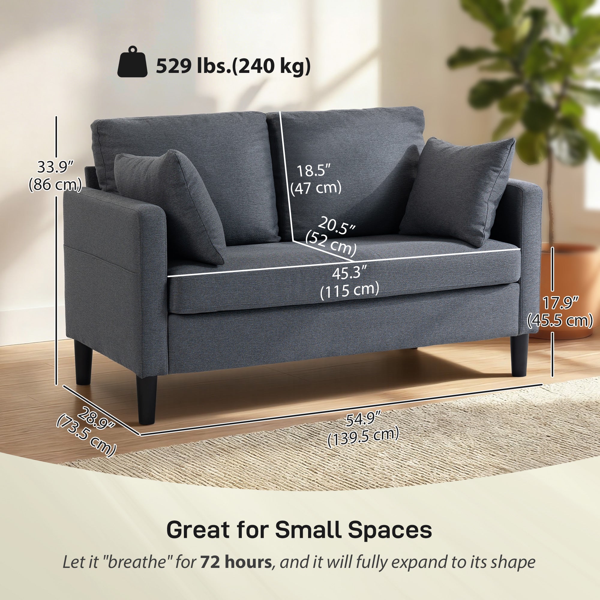 Loveseat Sofa 55" Linen Dark Grey-DECOROLALA