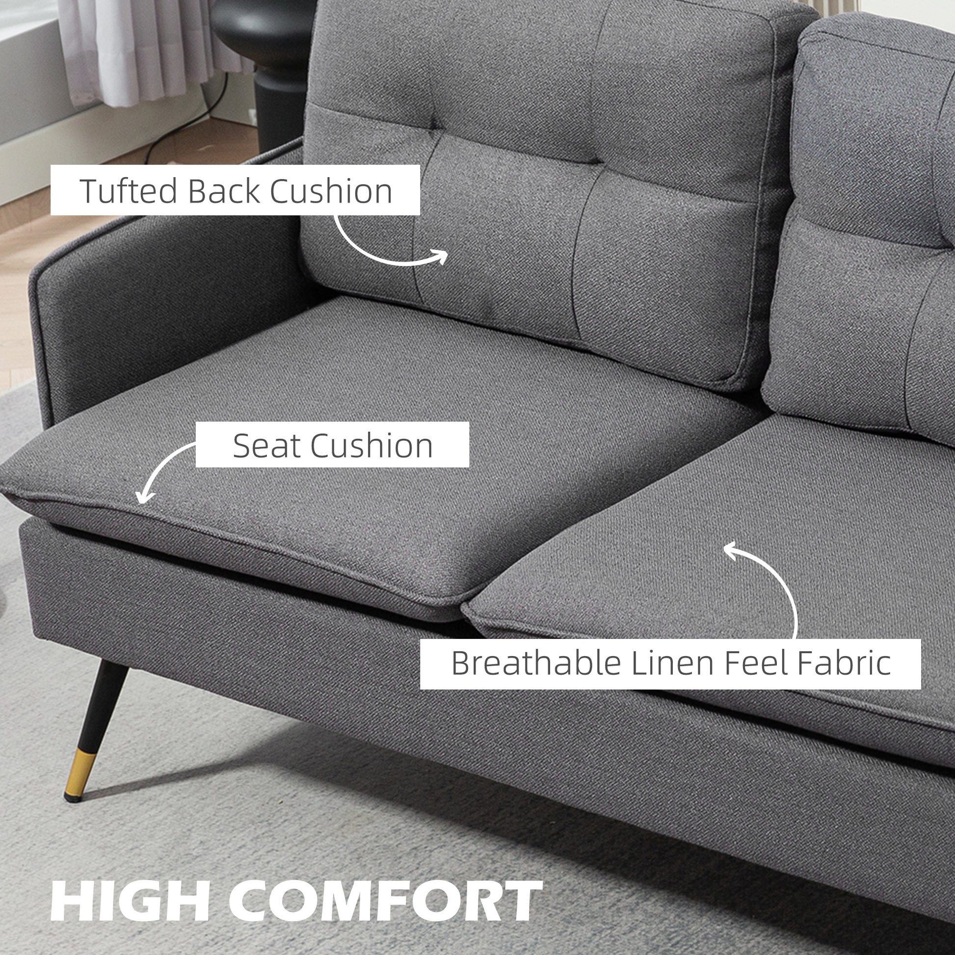 Loveseat Sofa 55" Linen Dark Grey Button Tufted-DECOROLALA