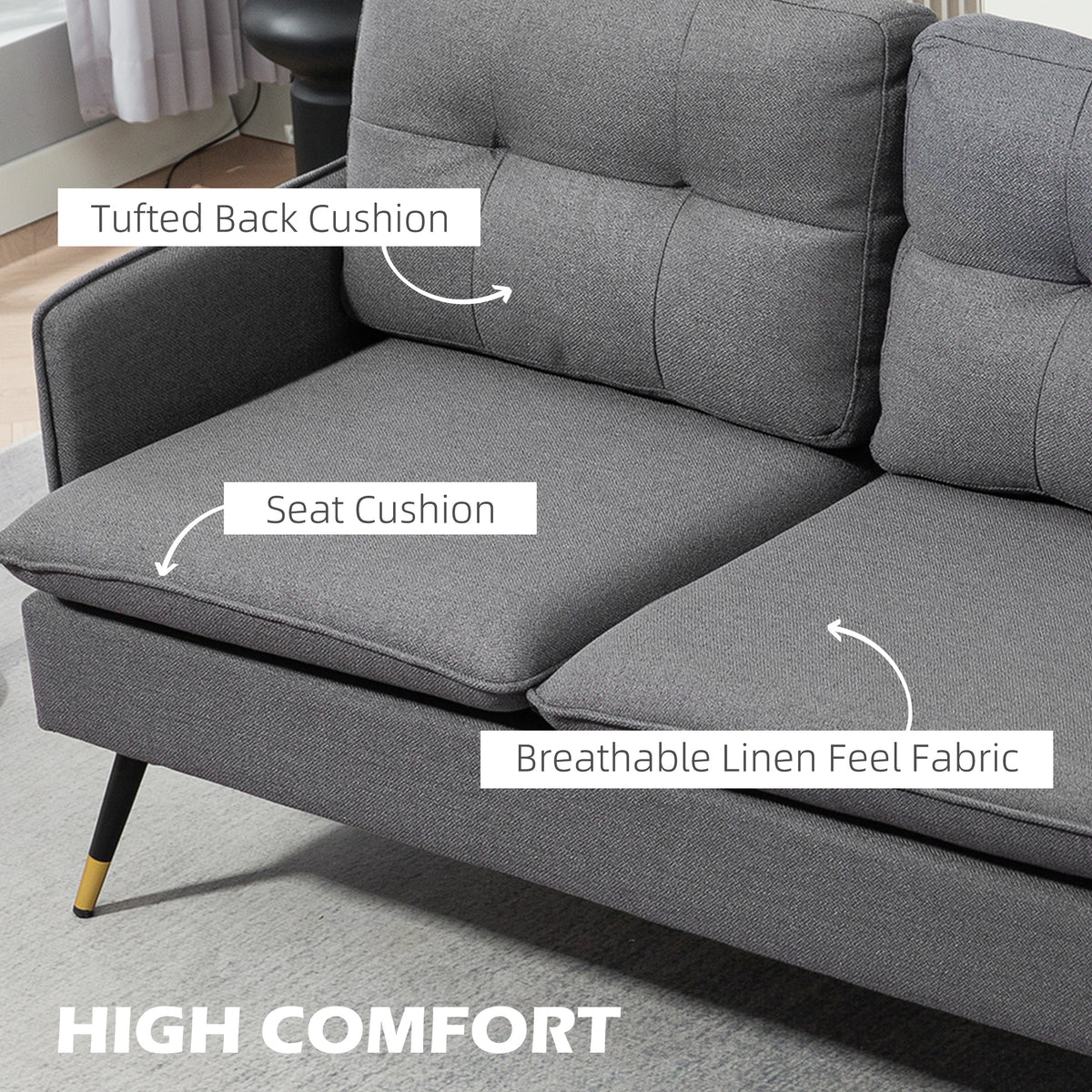 Loveseat Sofa 55" Linen Dark Grey Button Tufted-DECOROLALA
