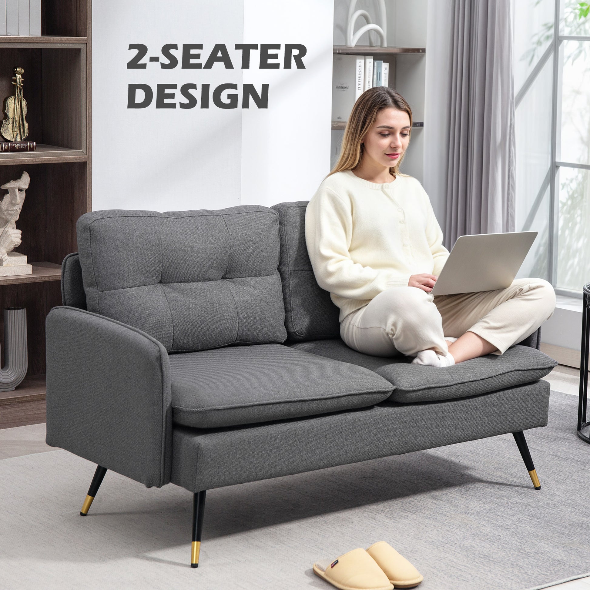 Loveseat Sofa 55" Linen Dark Grey Button Tufted-DECOROLALA