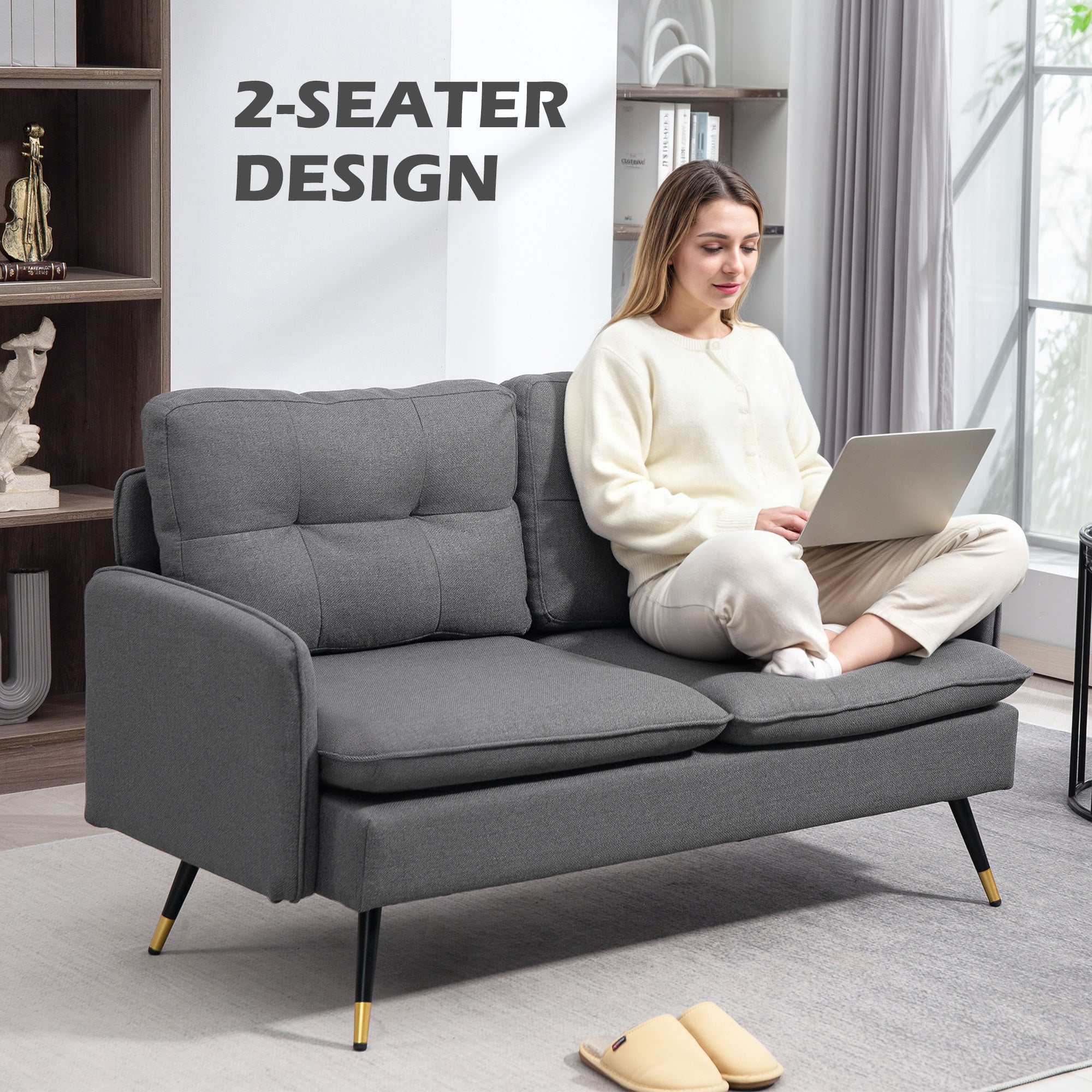 Loveseat Sofa 55" Linen Dark Grey Button Tufted-DECOROLALA