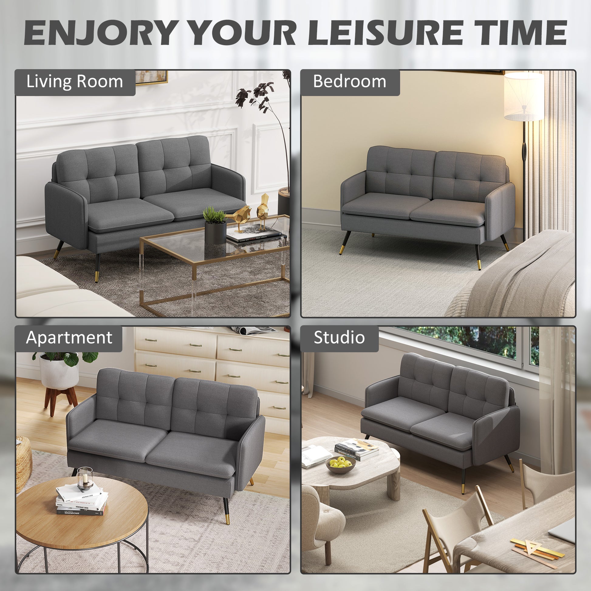 Loveseat Sofa 55" Linen Dark Grey Button Tufted-DECOROLALA