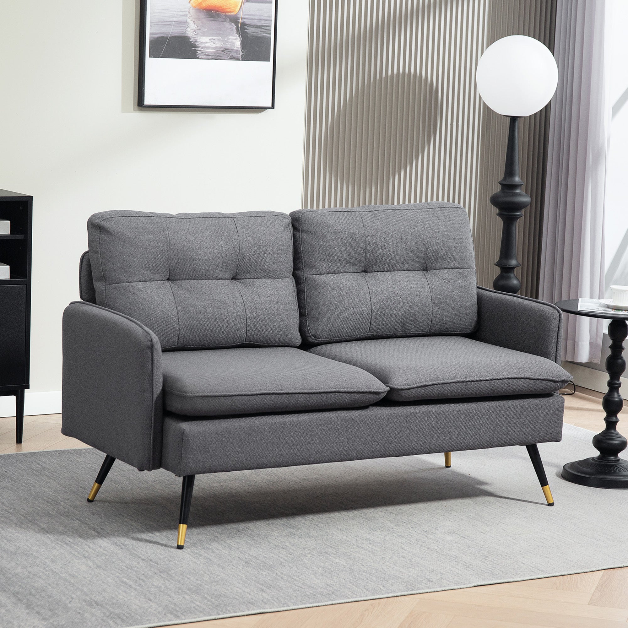 Loveseat Sofa 55" Linen Dark Grey Button Tufted-DECOROLALA