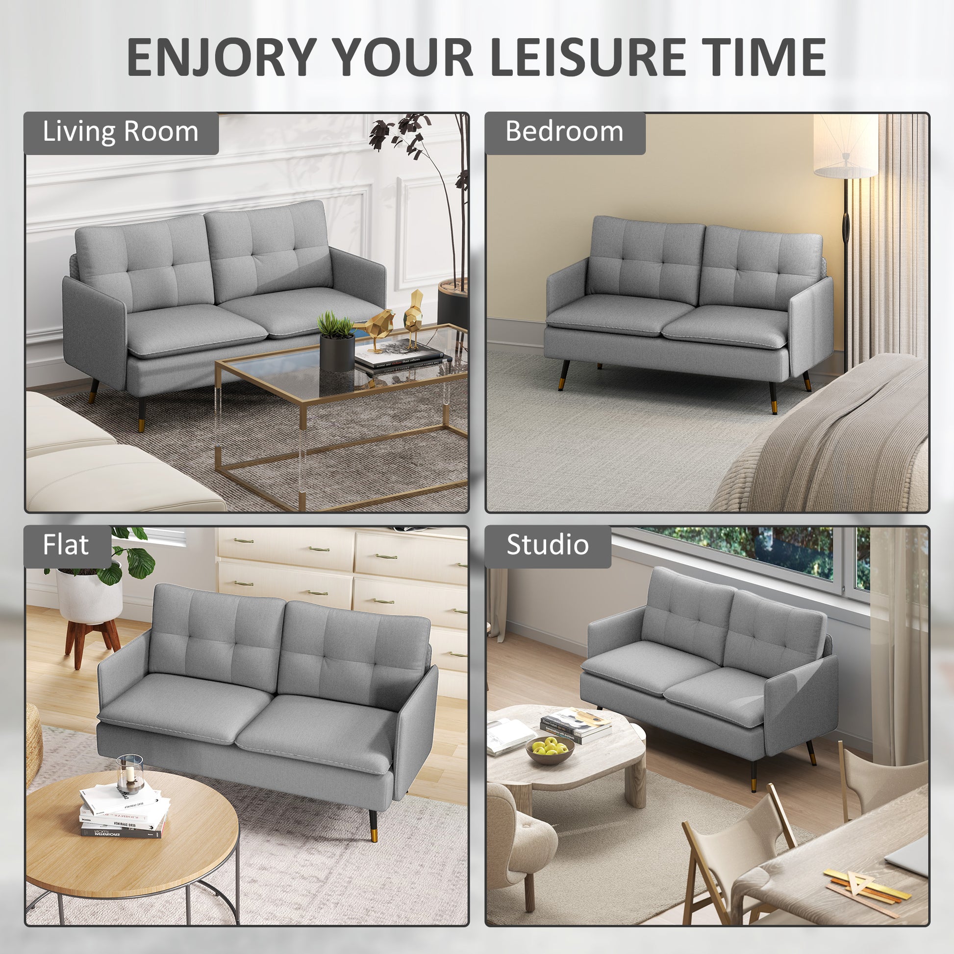 Loveseat Sofa 55" Linen Grey Button Tufted-DECOROLALA