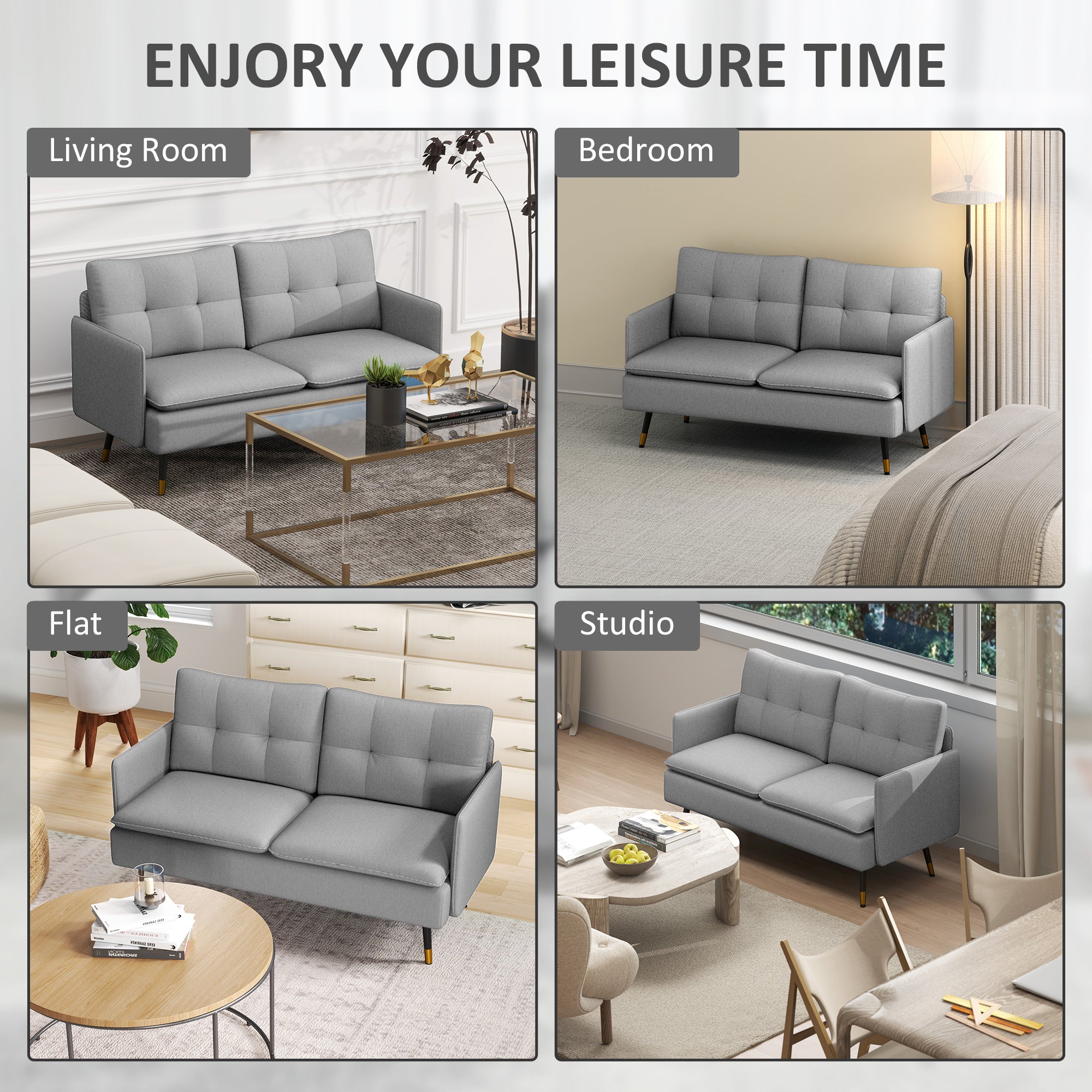 Loveseat Sofa 55" Linen Grey Button Tufted-DECOROLALA