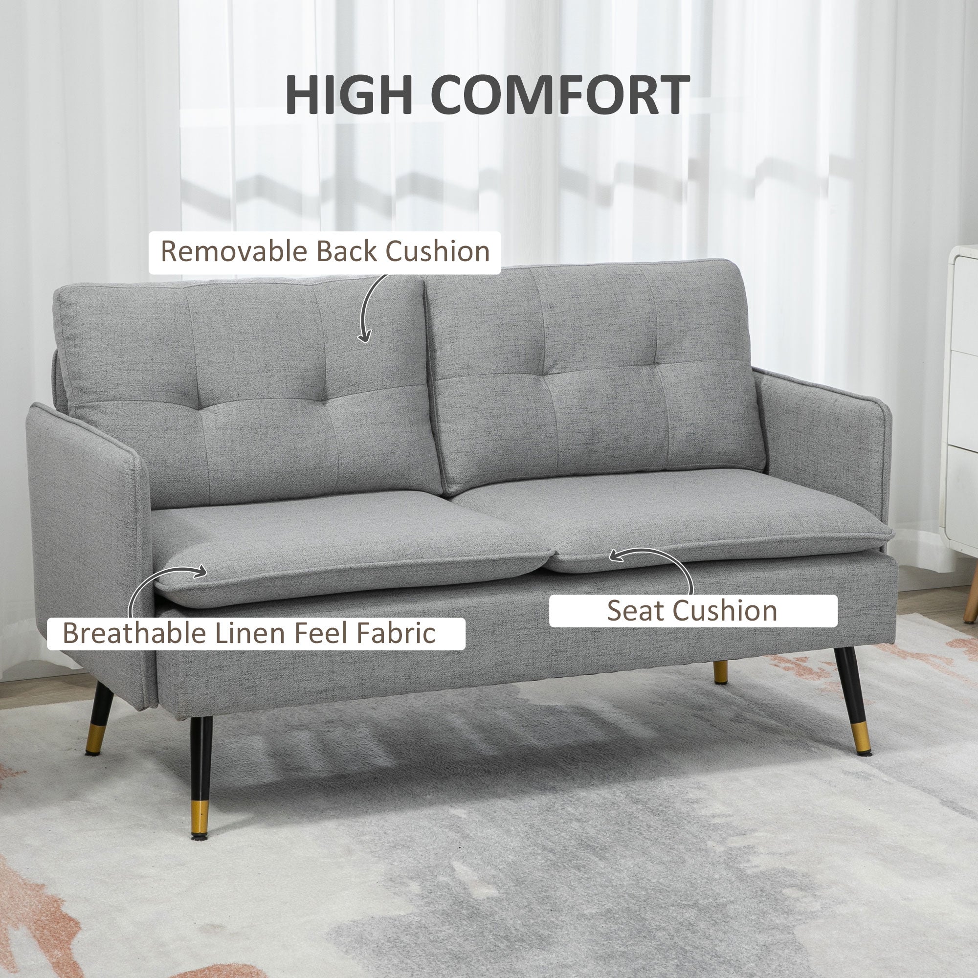 Loveseat Sofa 55" Linen Grey Button Tufted-DECOROLALA