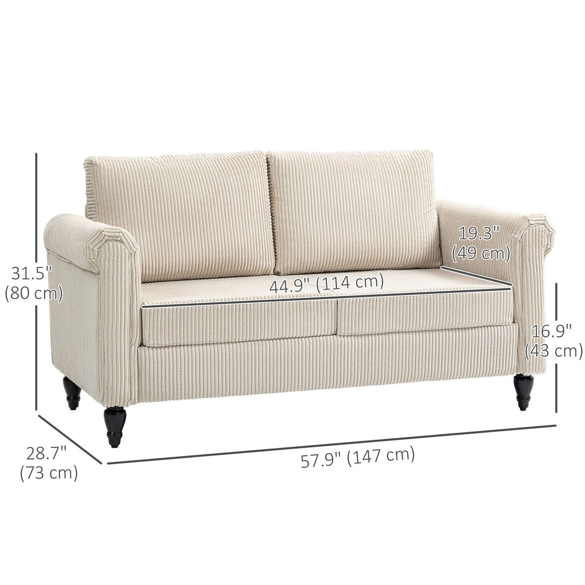 Loveseat Sofa - Beige 2 Seater Rolled Arms-Loveseat Sofas-DECOROLALA